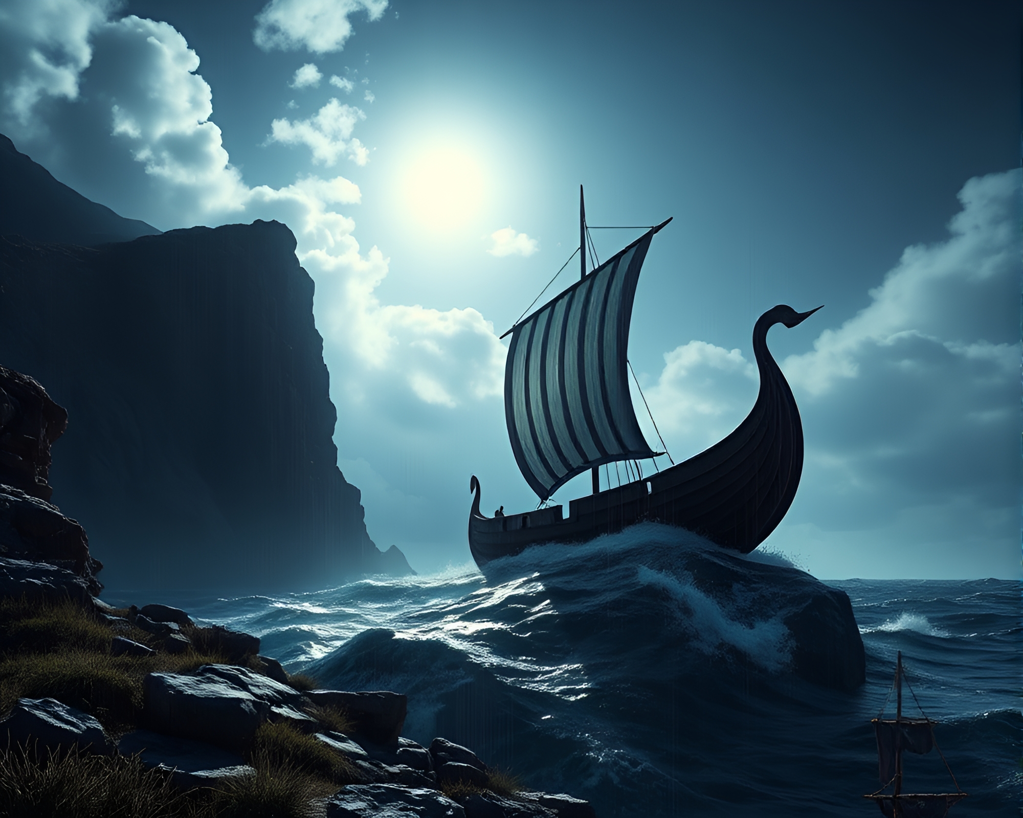 Glitched Viking Longship on Cliffside – free AI stock image