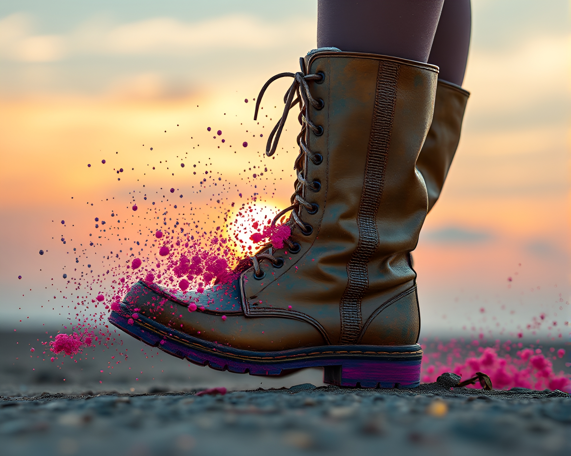 Sunrise Gravity Boots in Floating Particle Realm – free AI stock image