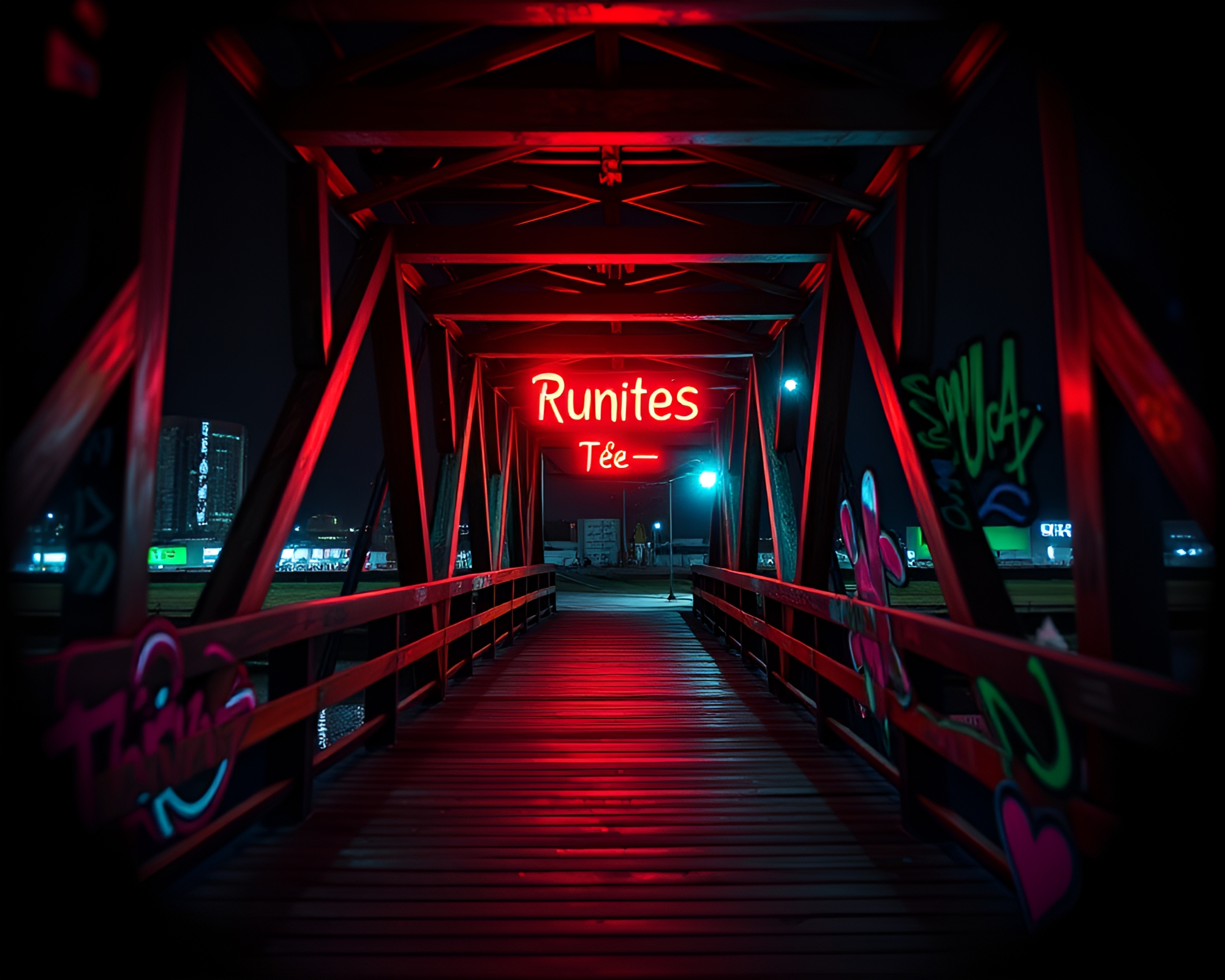 Neon Pixel Art Bridge with Split Focus Diopter – free AI stock image