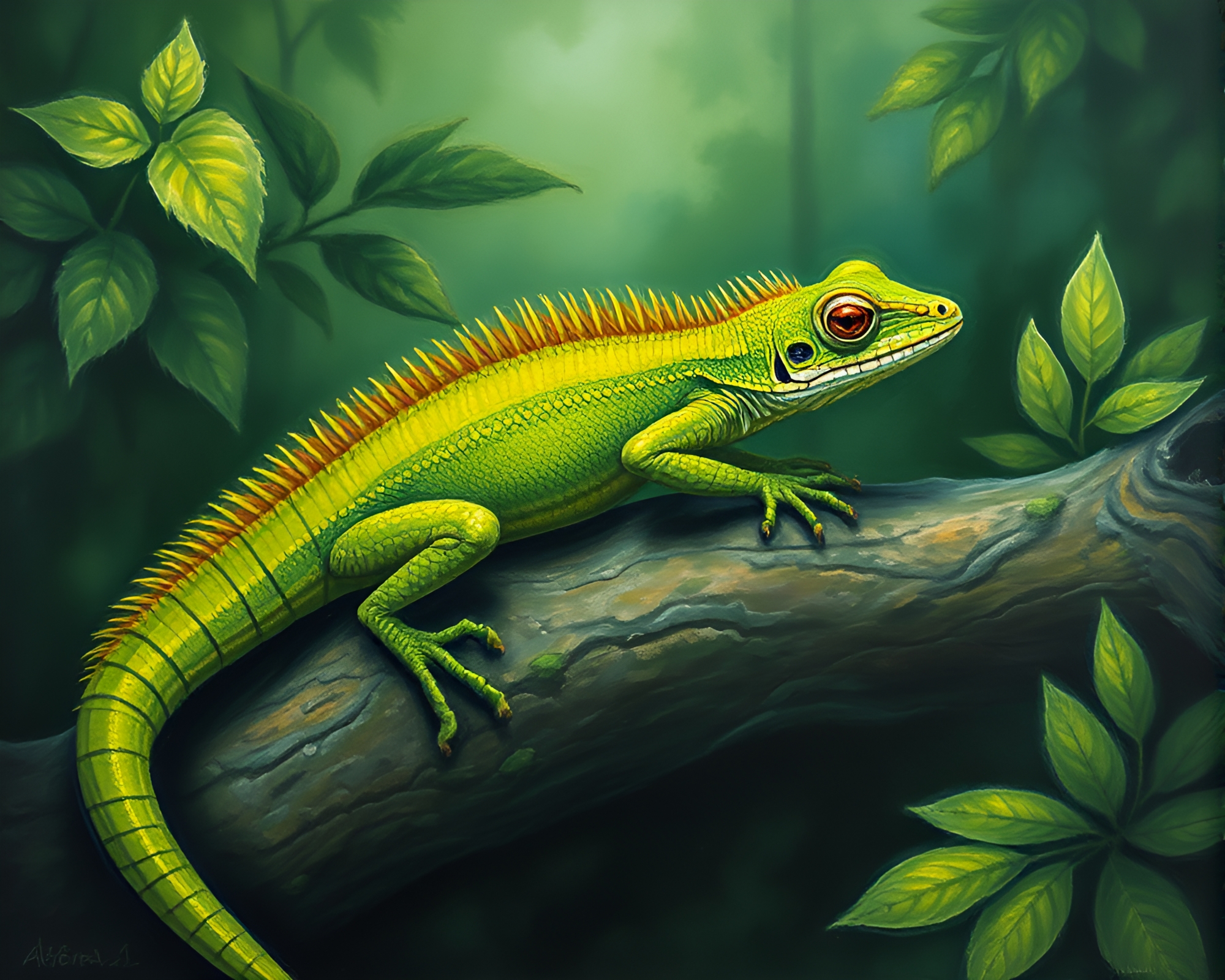 Basilisk Awakens in Rainforest Green Haze – free AI stock image