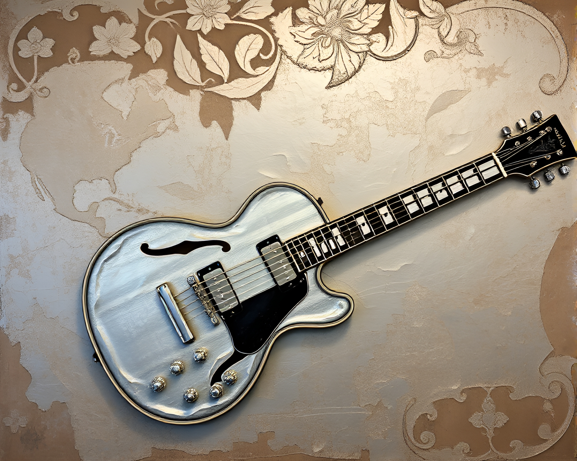 Retro Guitar Mural with Silver Leaf Accents – free AI stock image