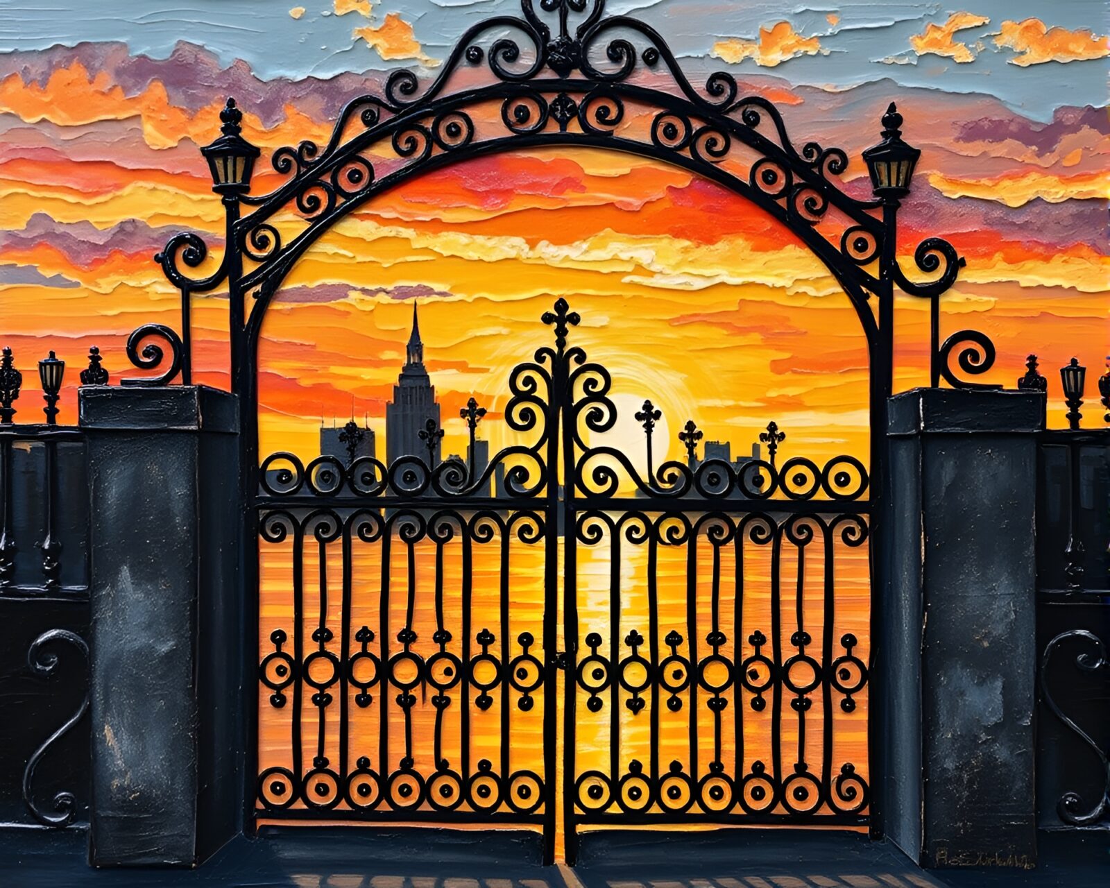 Wrought iron gate silhouette against fiery skyline sunset
