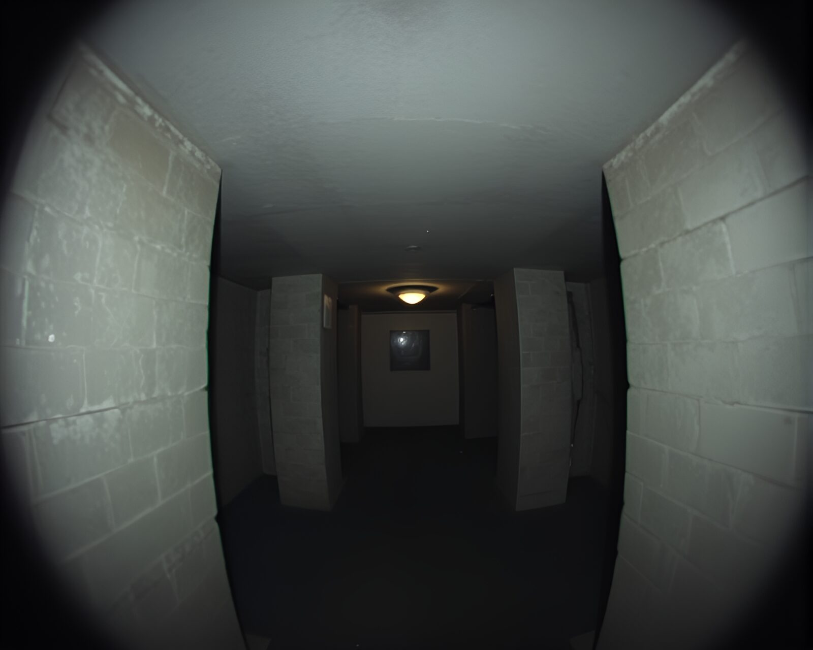Surreal wide-angle shot of parallel universe basement