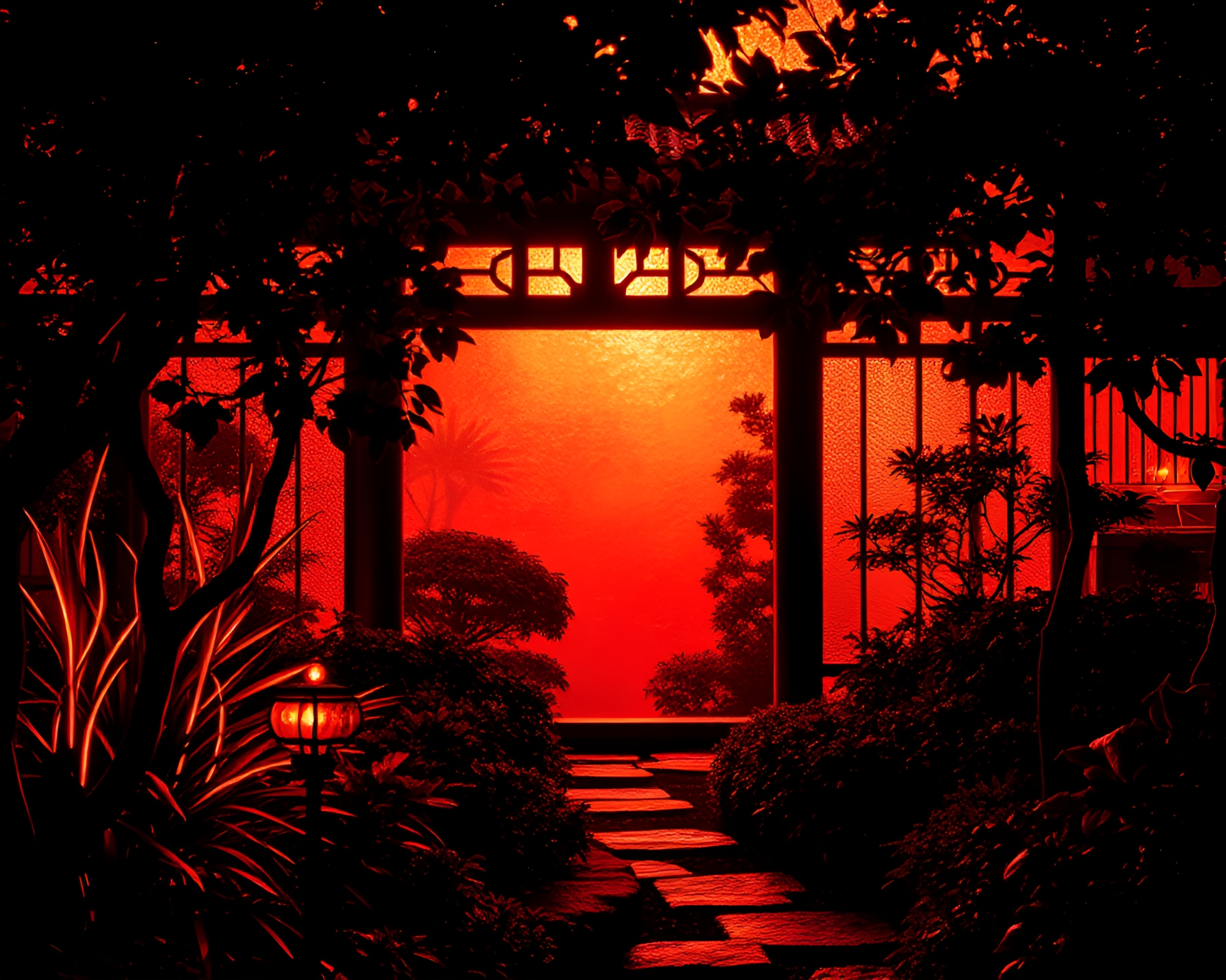 Zen Garden Serenity in Monochrome Red Stained Glass – free AI stock image