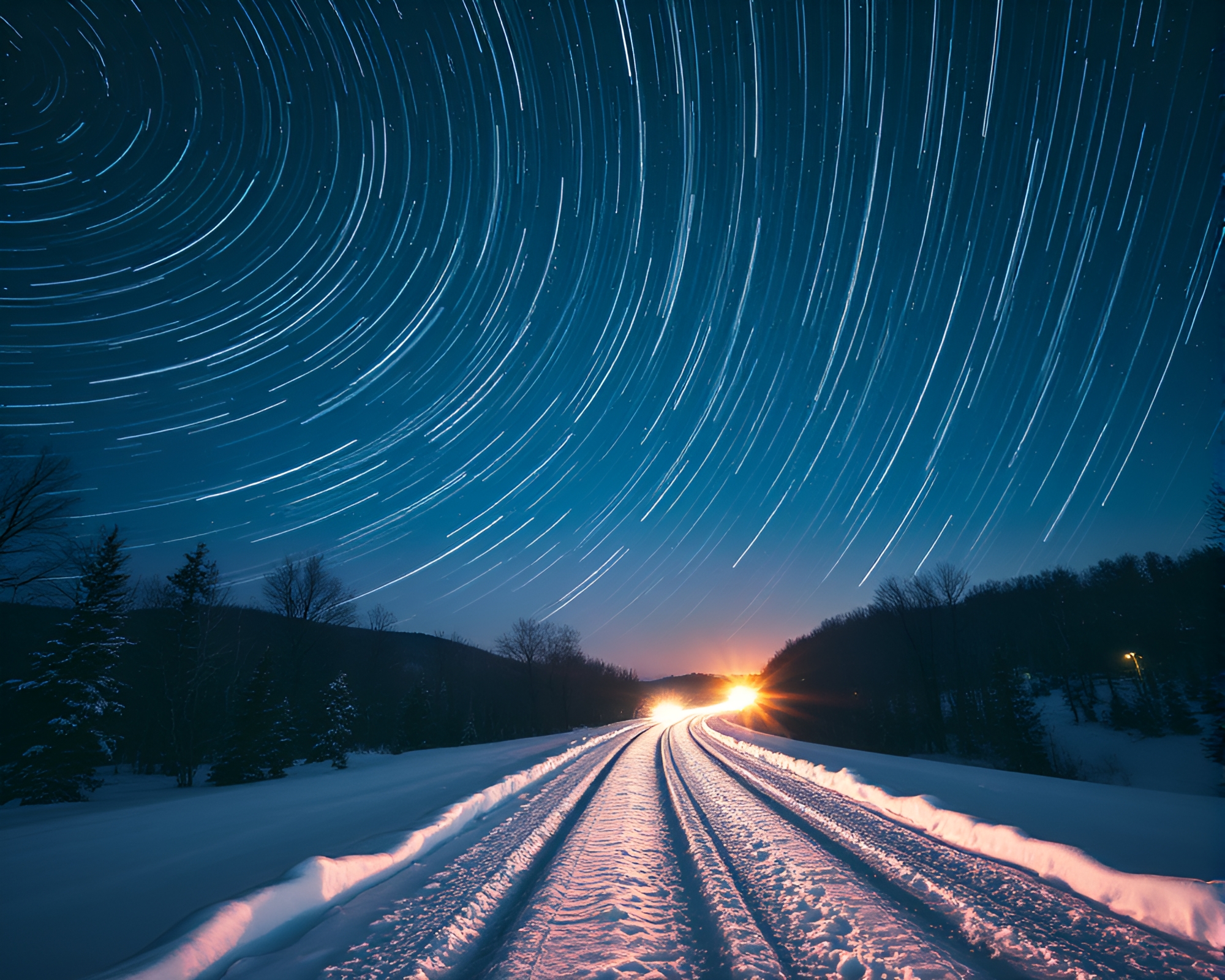Snow-kissed Hoverboard: Star Trails in Ink Wash – free AI stock image