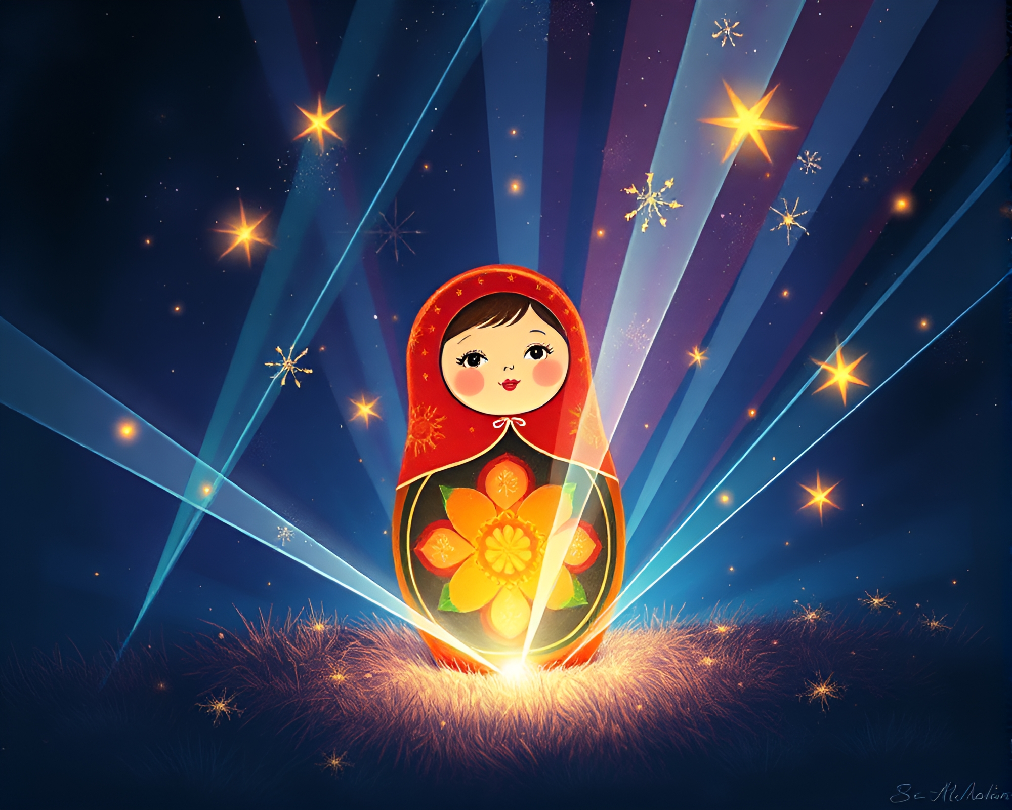 Laser Matryoshka Doll Illuminated by Fireflies – free AI stock image