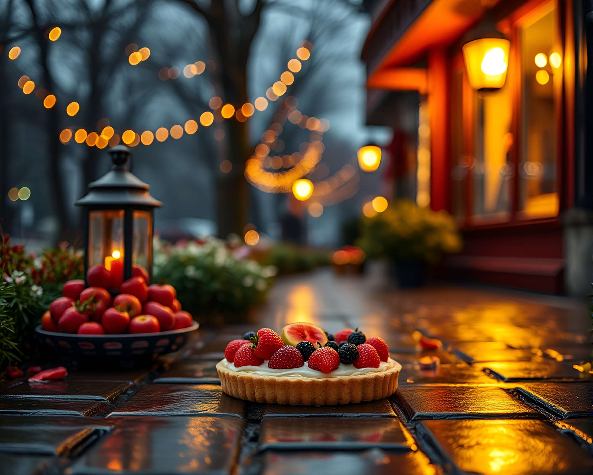 Fruit Tart Night Market: Illuminated Rainy Streetscape – free AI stock image