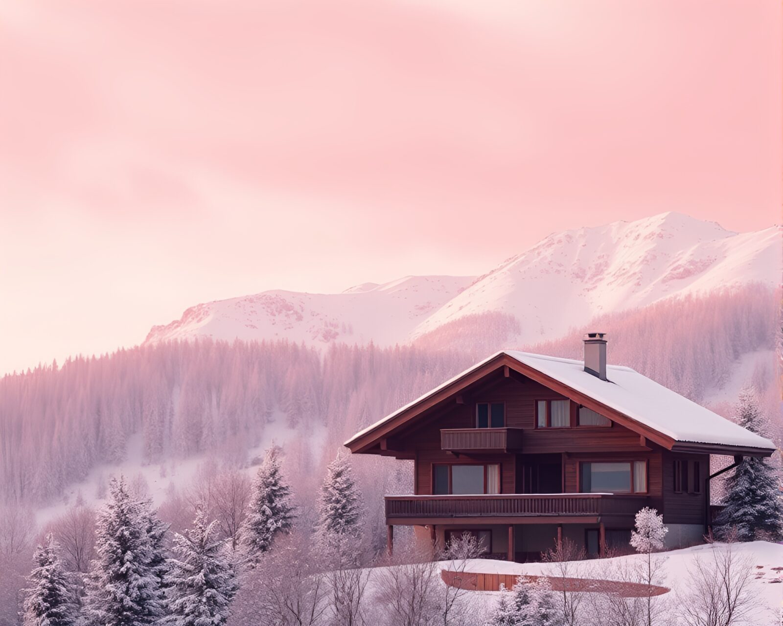 Softly glowing blush pink alpine chalet in high definition