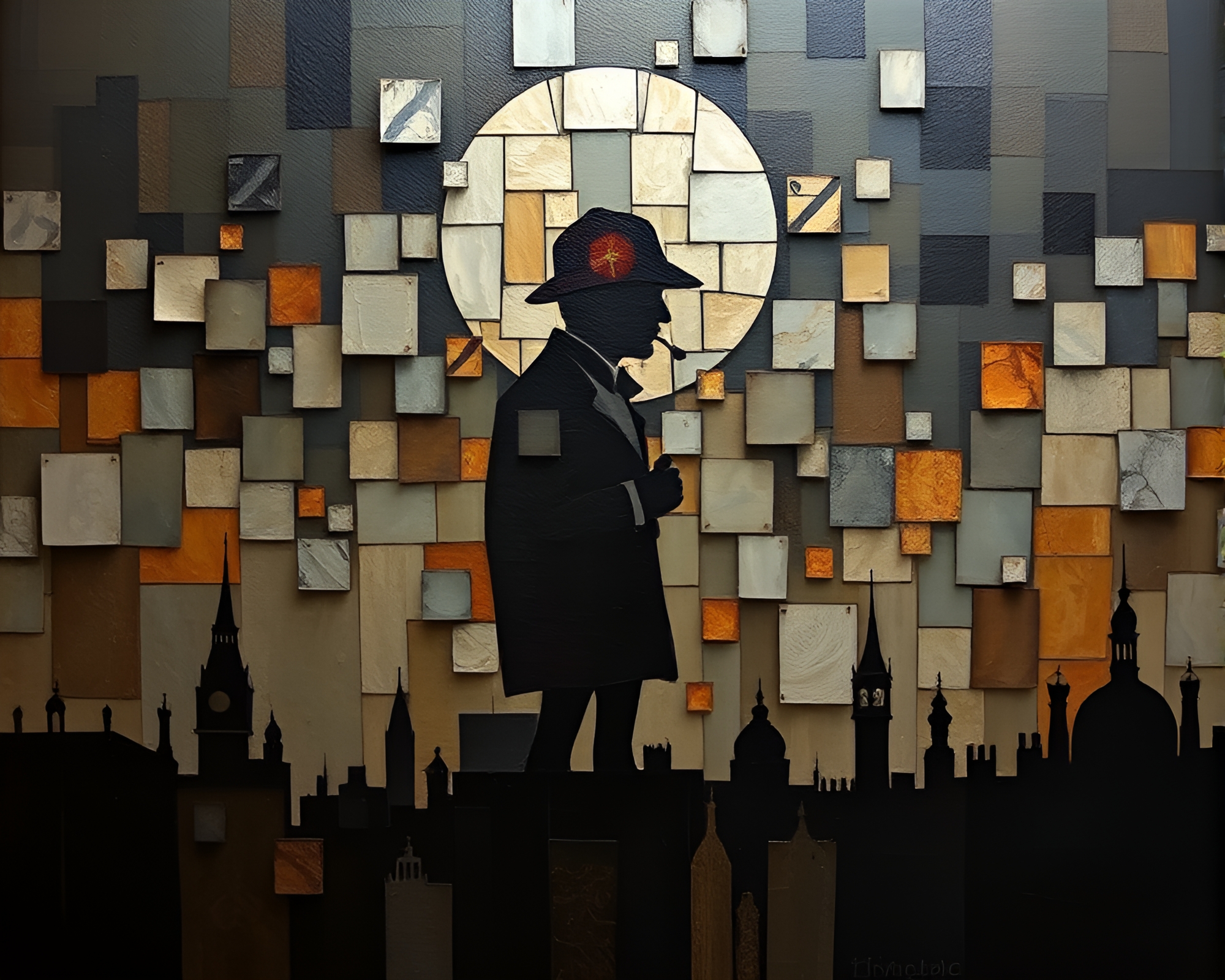 Sherlock Holmes Silhouette in Fragmented Mosaic – free AI stock image