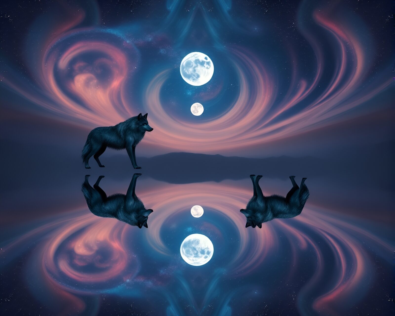 Majestic wolf under moonlight reflected in milky way river