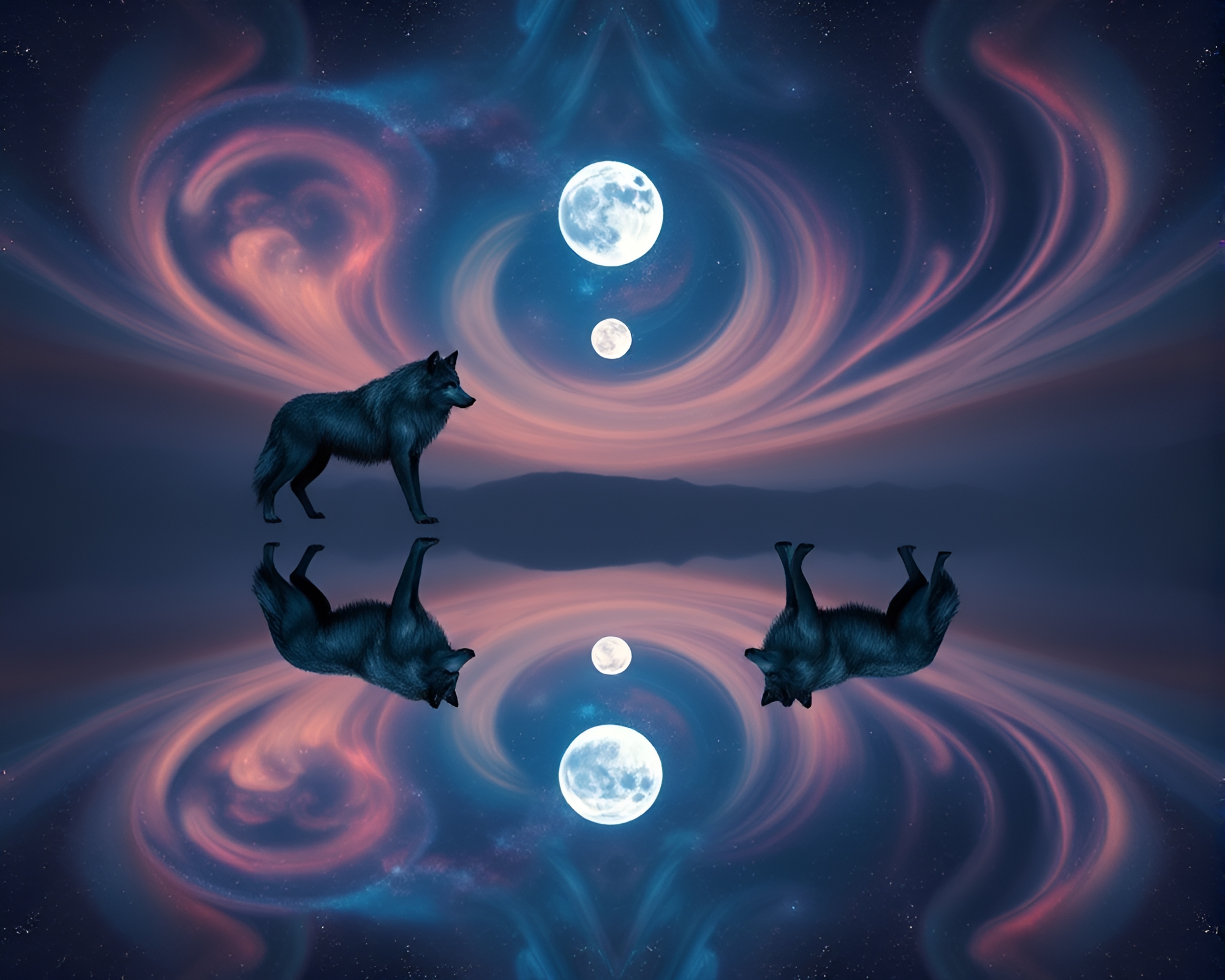 Moonlit Wolf’s Symmetrical Reflection in Milky Way River – free AI stock image