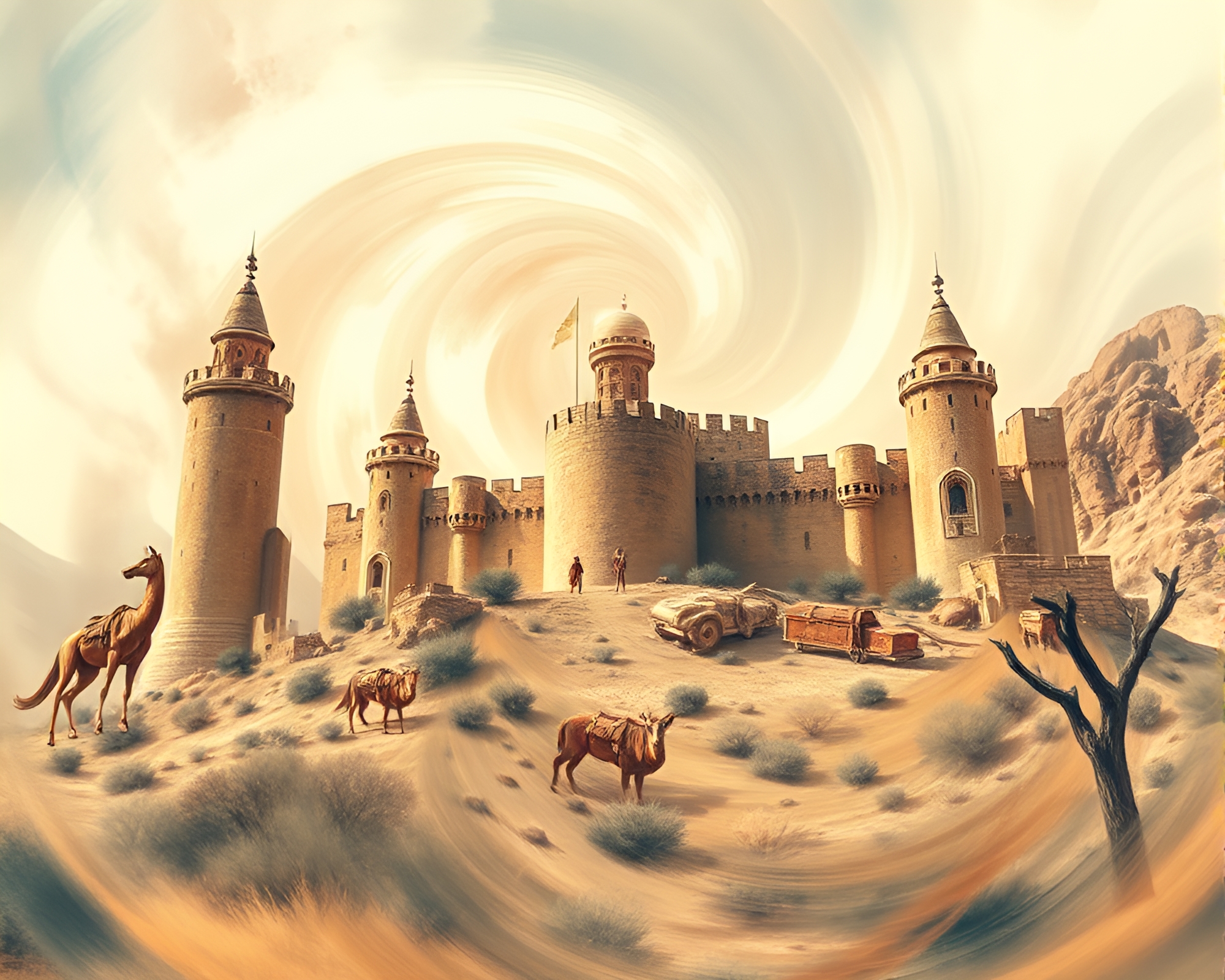 Deserted Castle Lens Distortion Watercolor Scene – free AI stock image