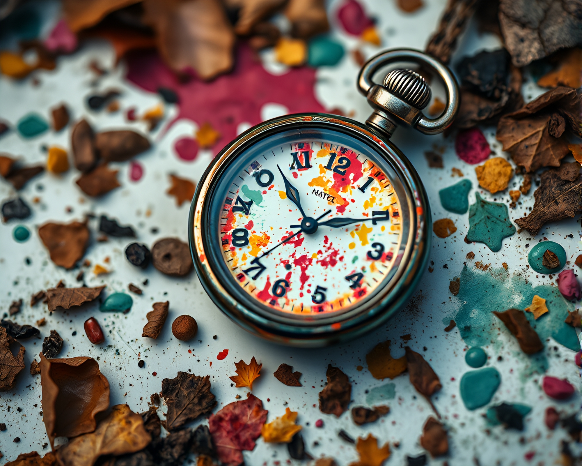 Nature’s Timeless Stillness: Pocket Watch in Leaf Litter – free AI stock image