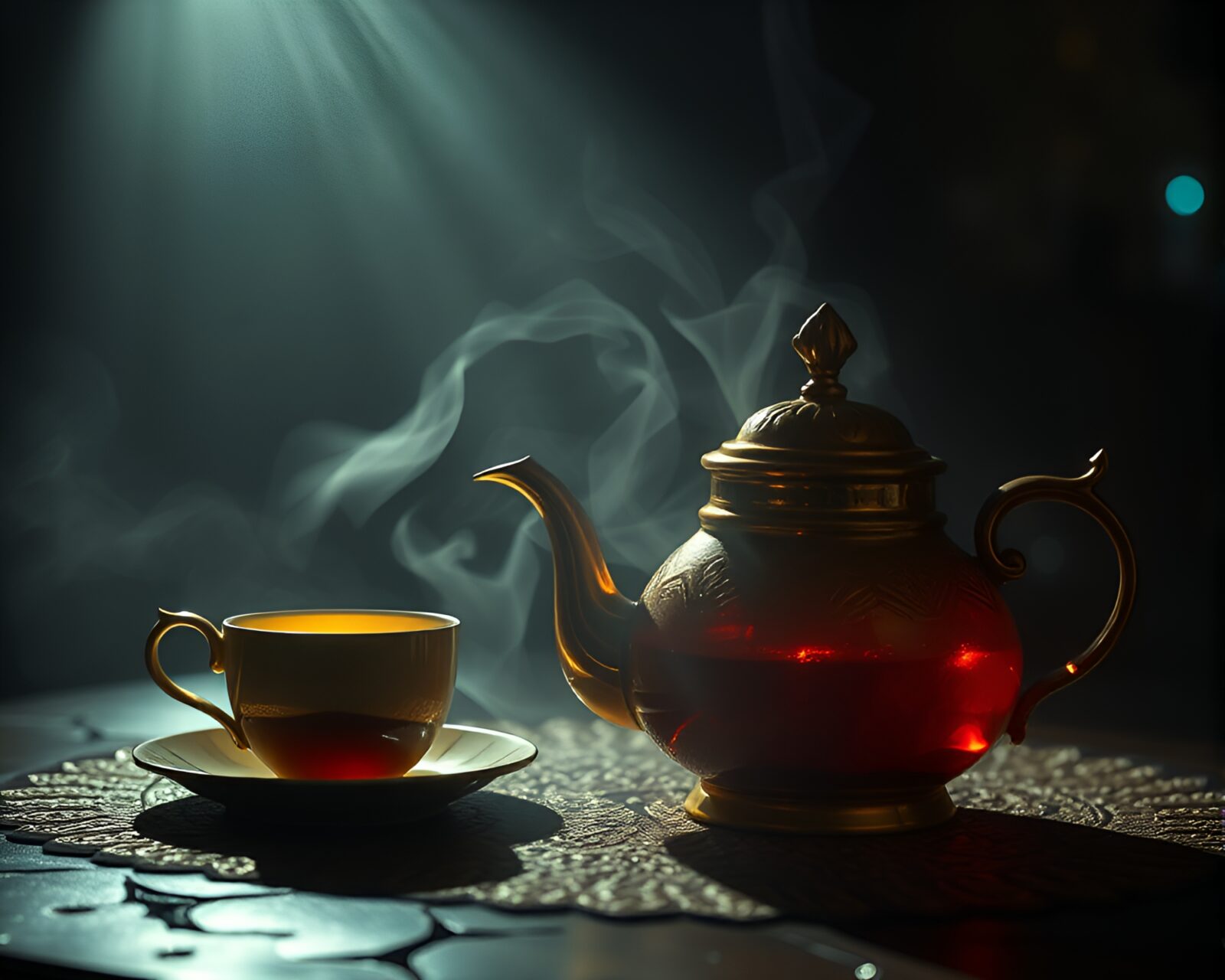 Dark subsurface scattering reveals ancient tea set in dungeon
