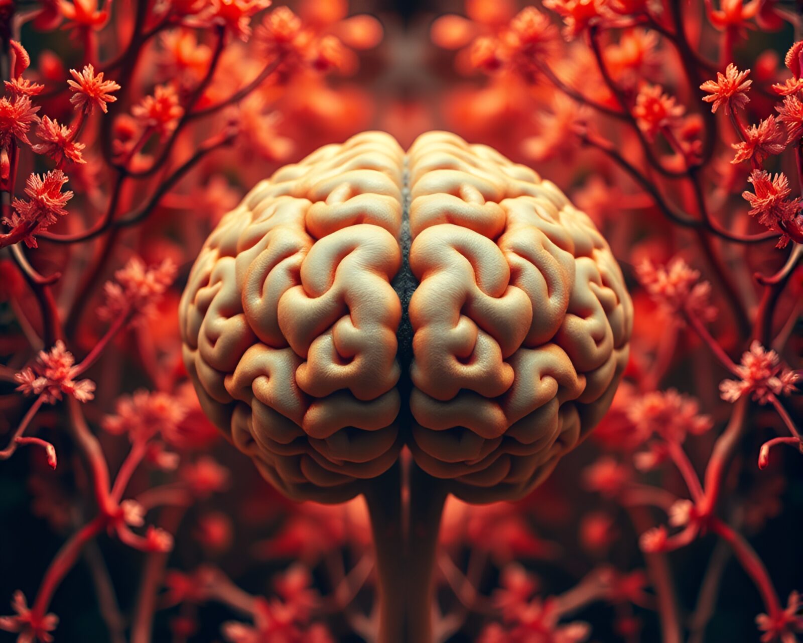A symmetrical composition of an artificial intelligence brain glowing in infrared light in macro detail.