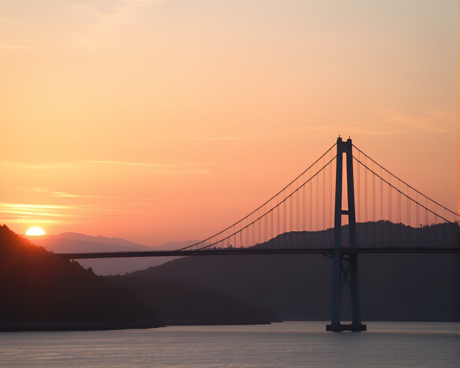 Sweeping pastel sunrise over futuristic suspension bridge in nature
