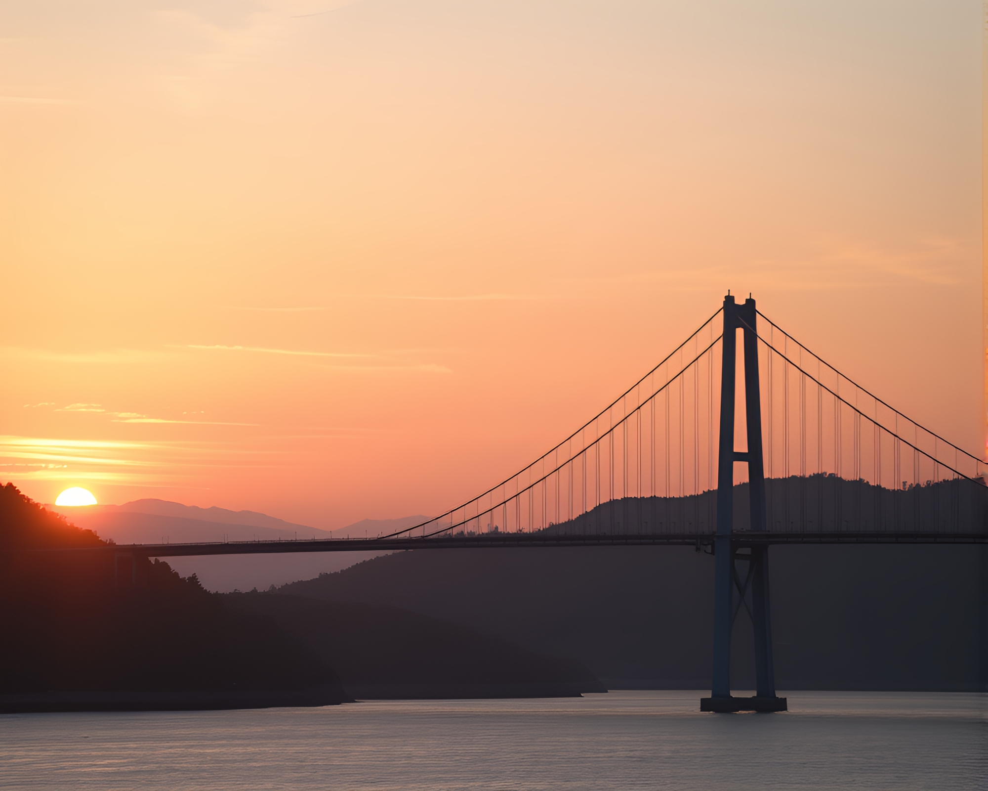 Sunrise Panoramic View of Bio-Organic Suspension Bridge – free AI stock image