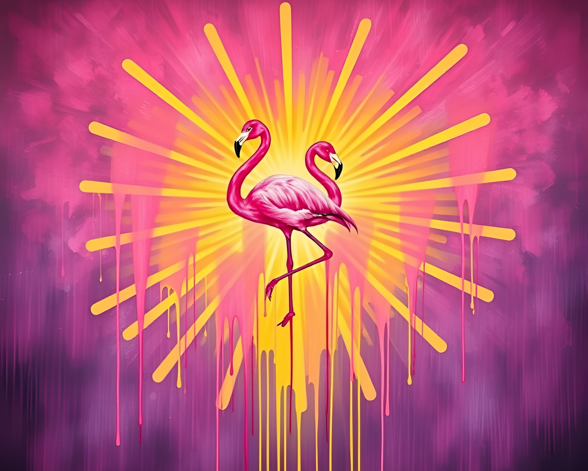 Flamingo Fantasy: Paint Drips and Starburst Colors – free AI stock image