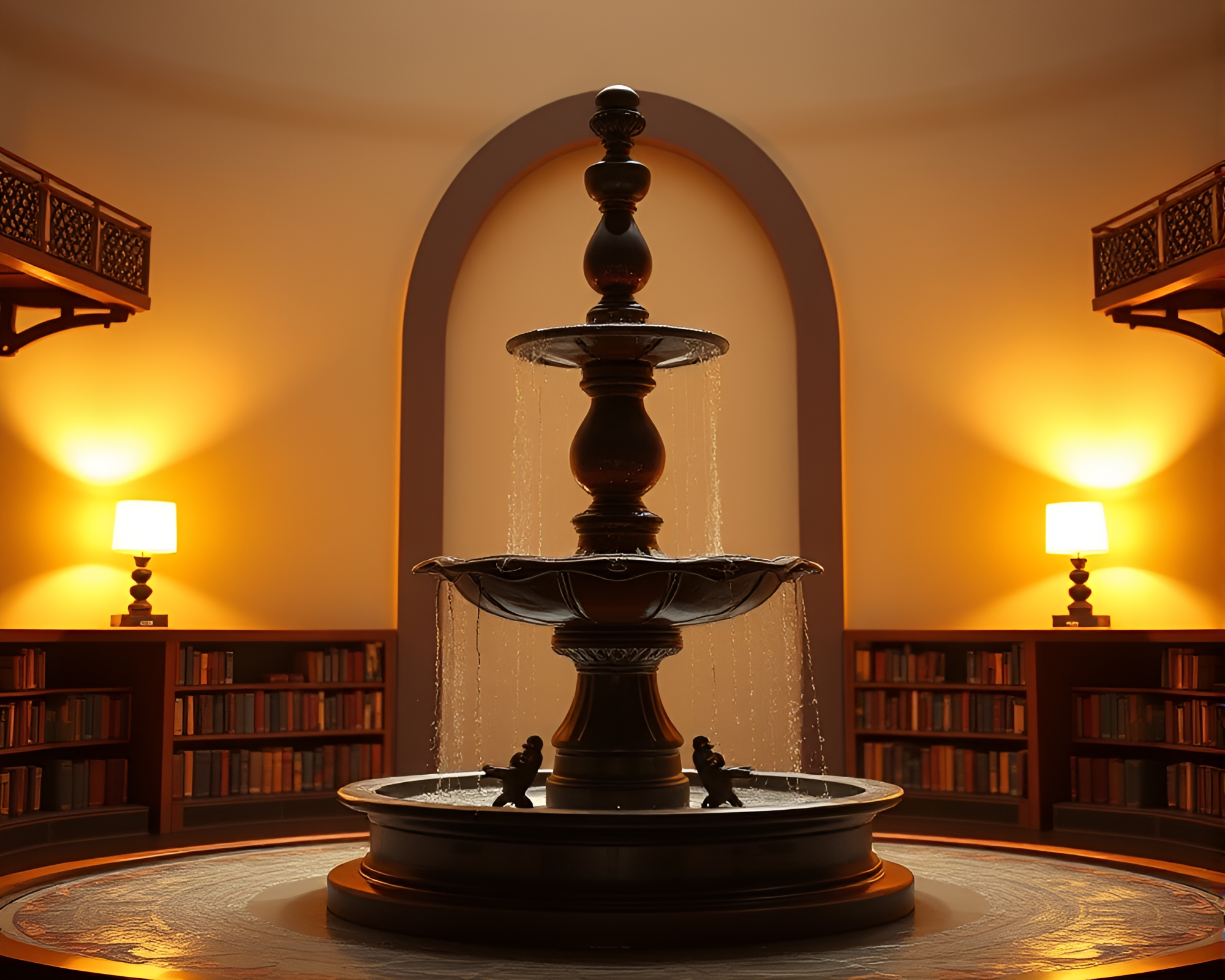 Surreal Chocolate Fountain in Cubist Library Light – free AI stock image