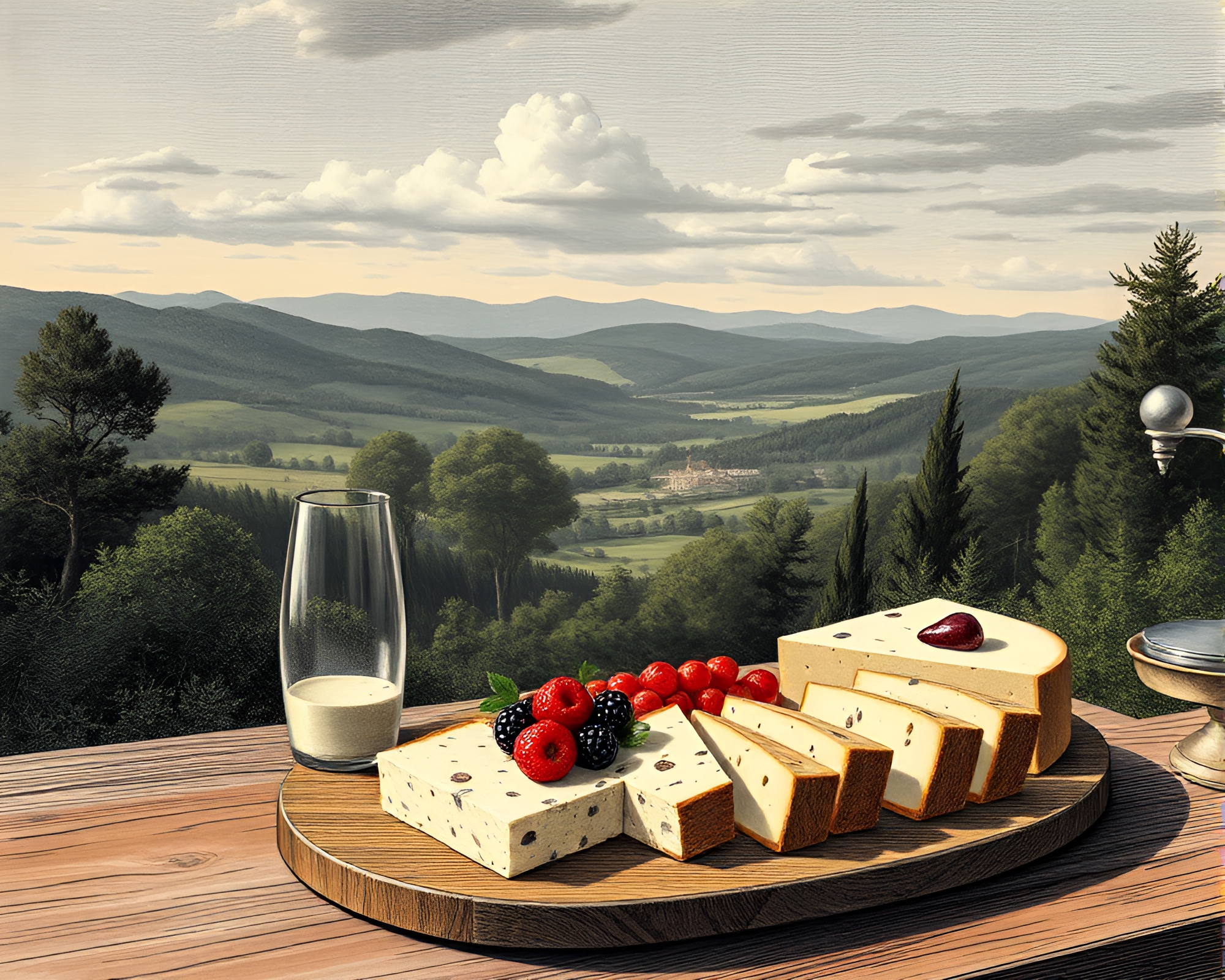 Cheese Platter Panorama: Jewel Tones Landscape Etching – free AI stock image