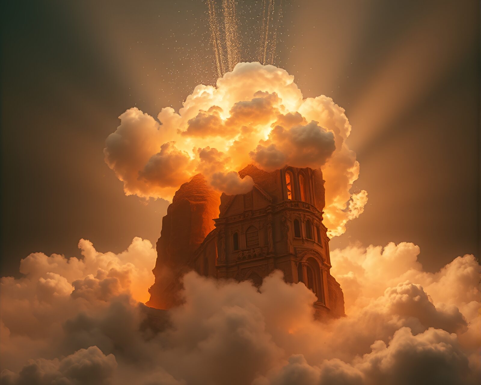 Majestic explosion cloud with LED light art in earth tones