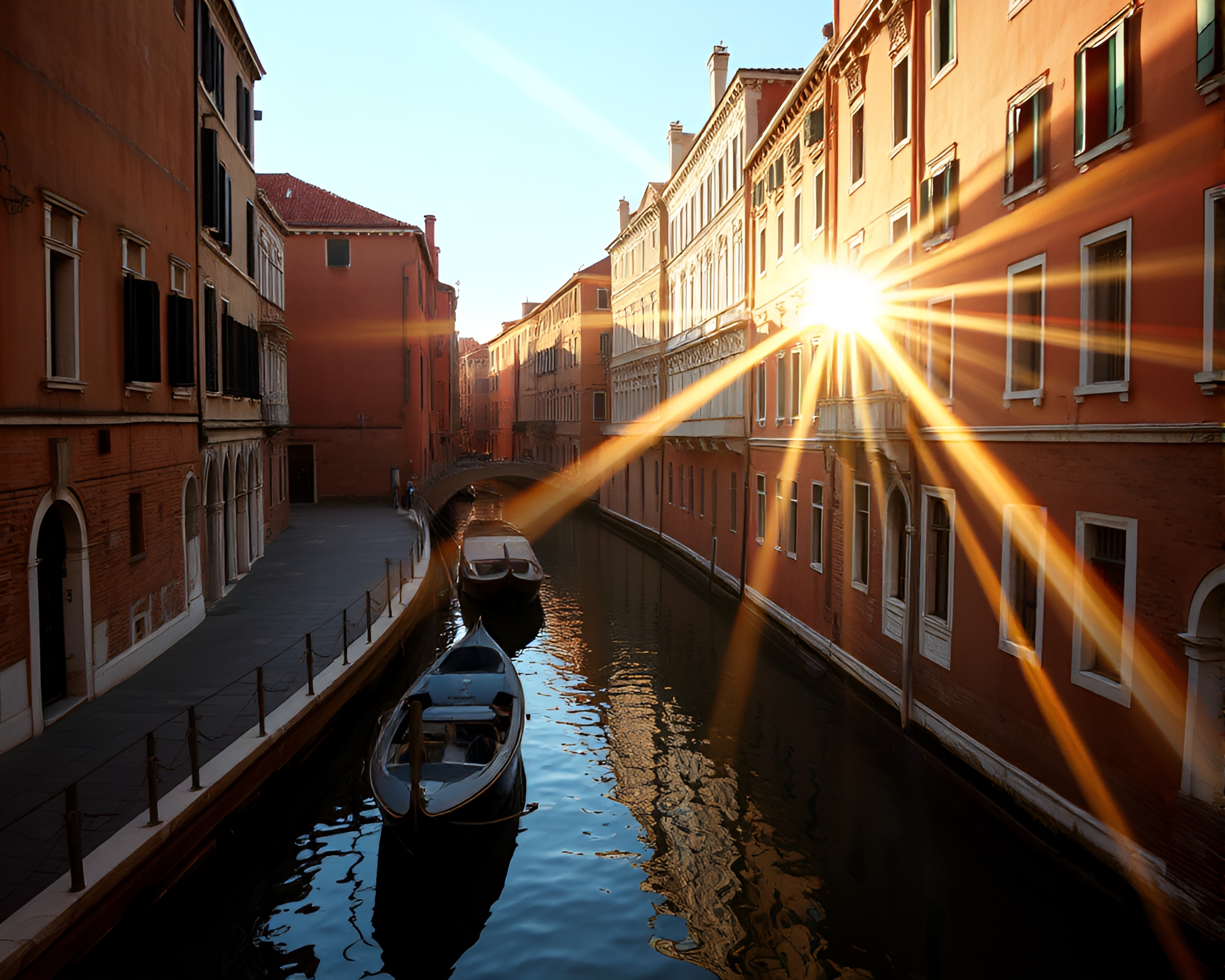 Venetian Canal Sunset Lens Flare Photography – free AI stock image
