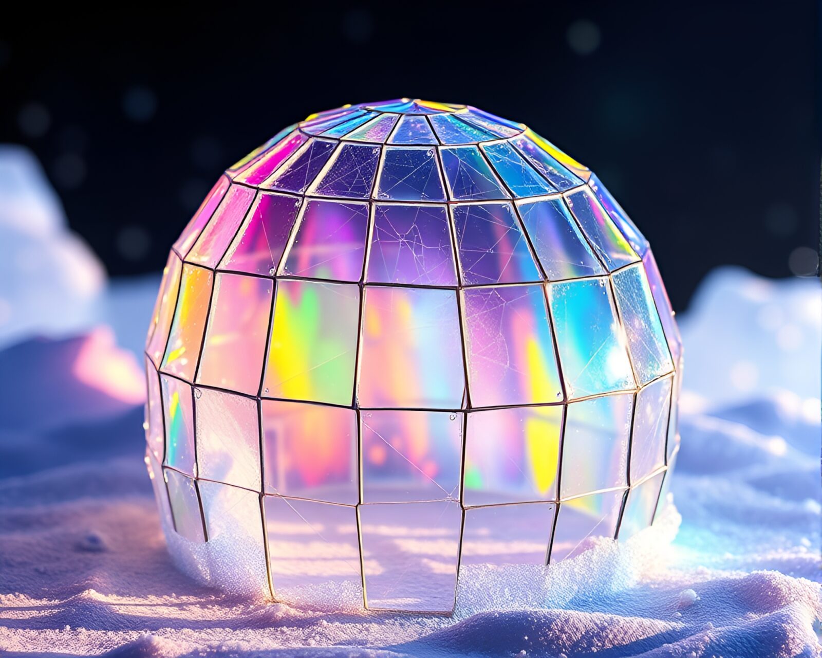 Colorful pixelated glass igloo with cobweb strands decoration