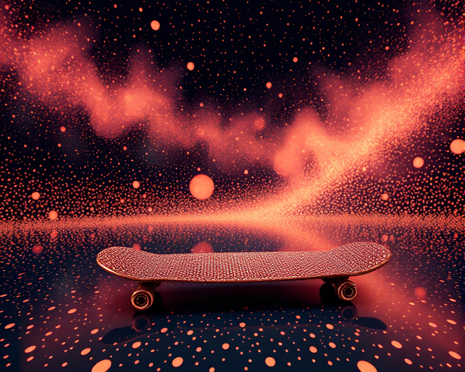 A surreal image of a hoverboarder in a rose gold dreamland