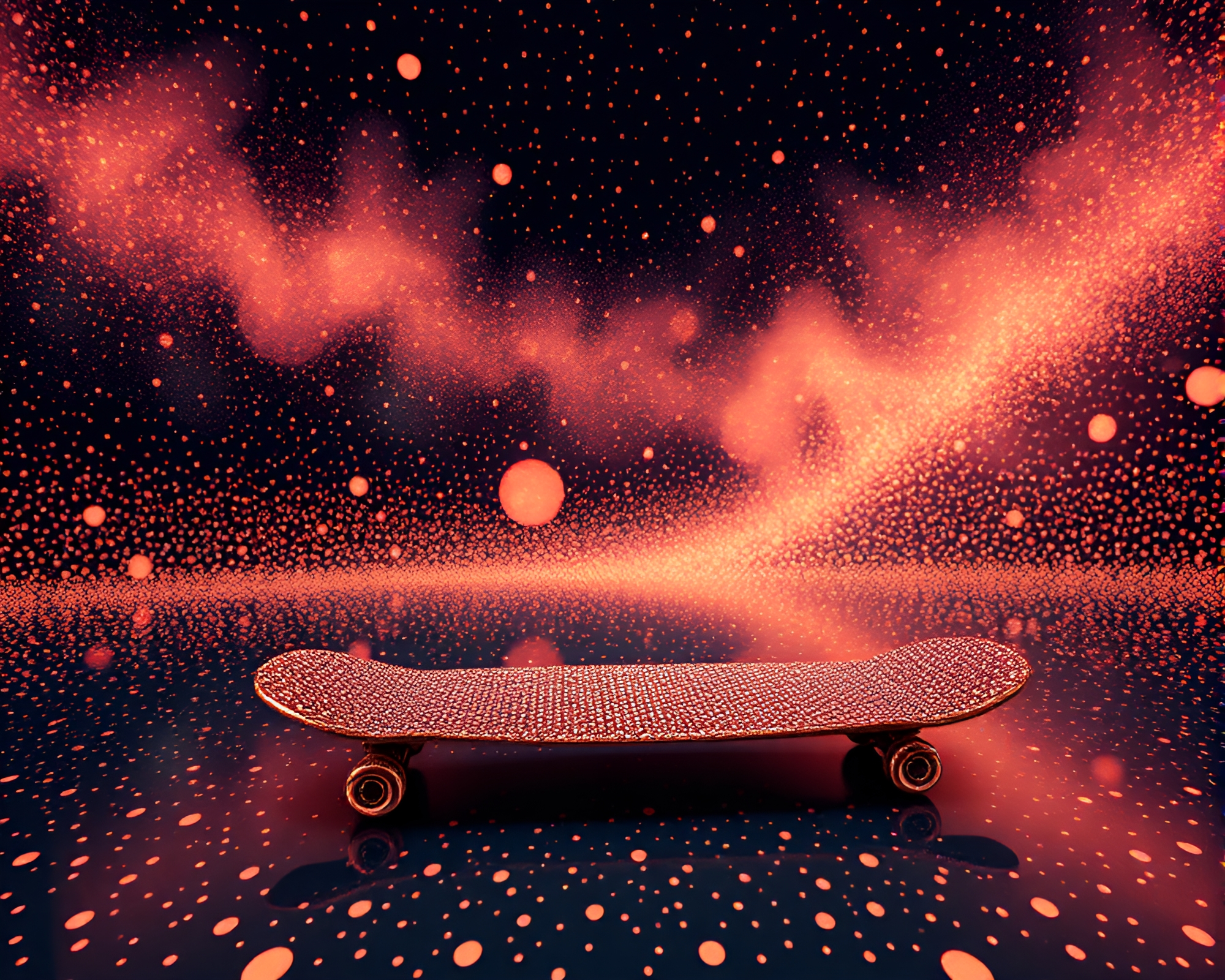 Surreal Hoverboard Journey in Rose Gold Pointillism – free AI stock image