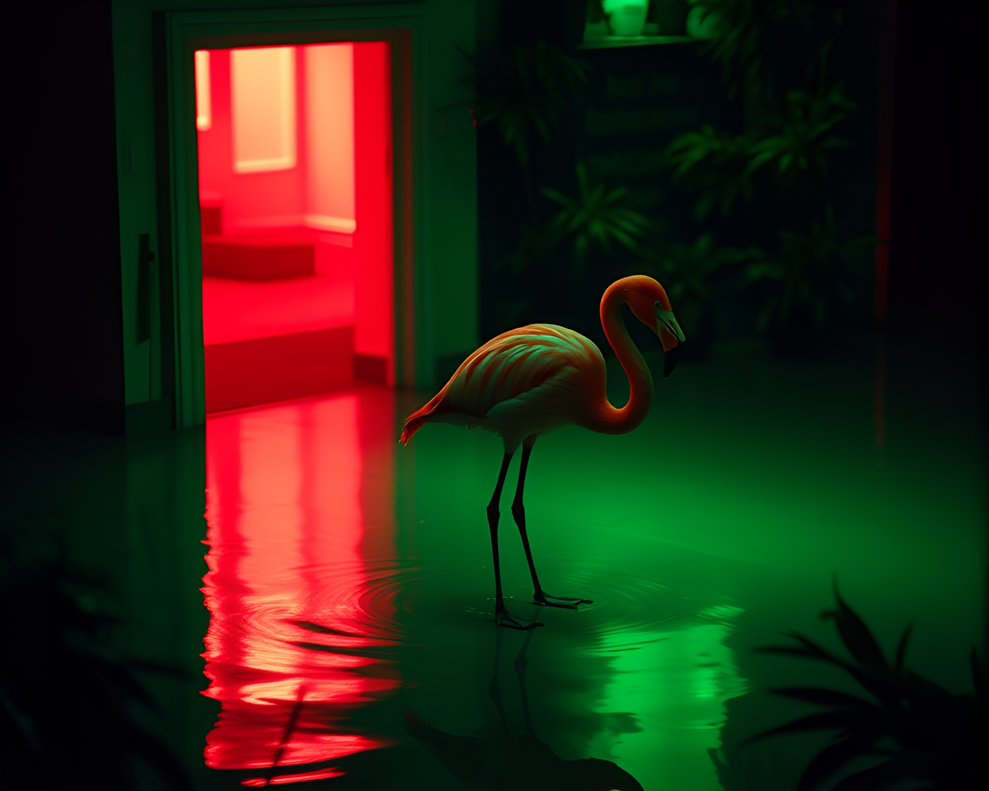 Chiaroscuro Flamingo Portrait in Mint Green Light – free AI stock image