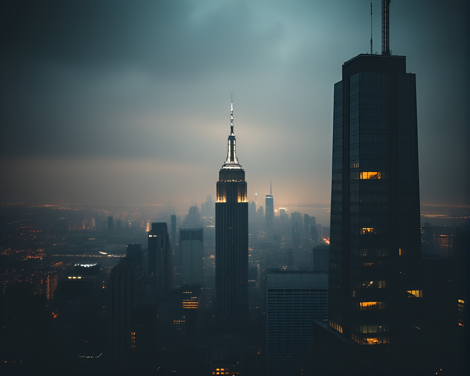 Hyper-realistic Skyscraper Panorama in Enigmatic Twilight – free AI stock image