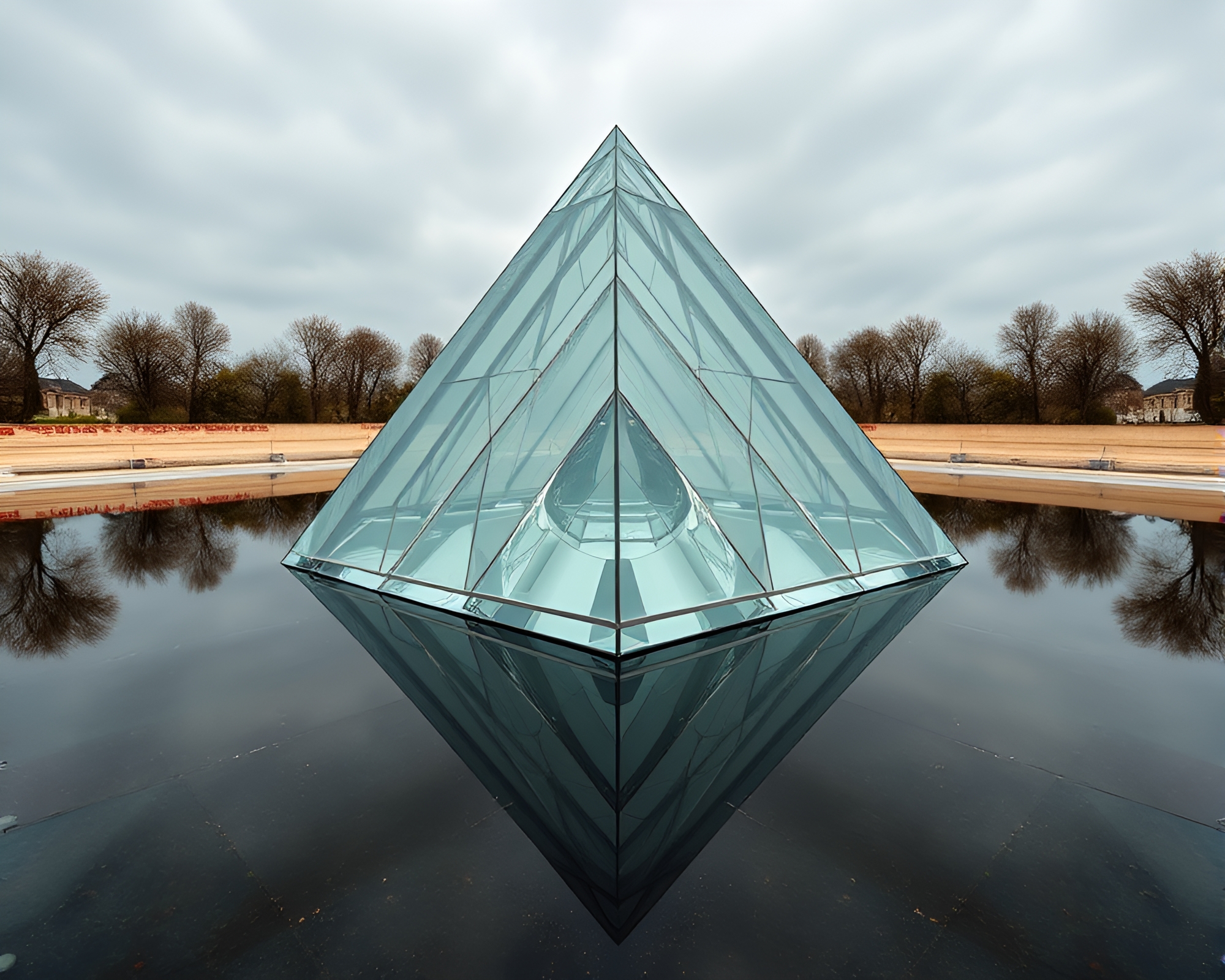 Gleaming Glass Pyramid Reflecting Symmetry in Bronze Light – free AI stock image