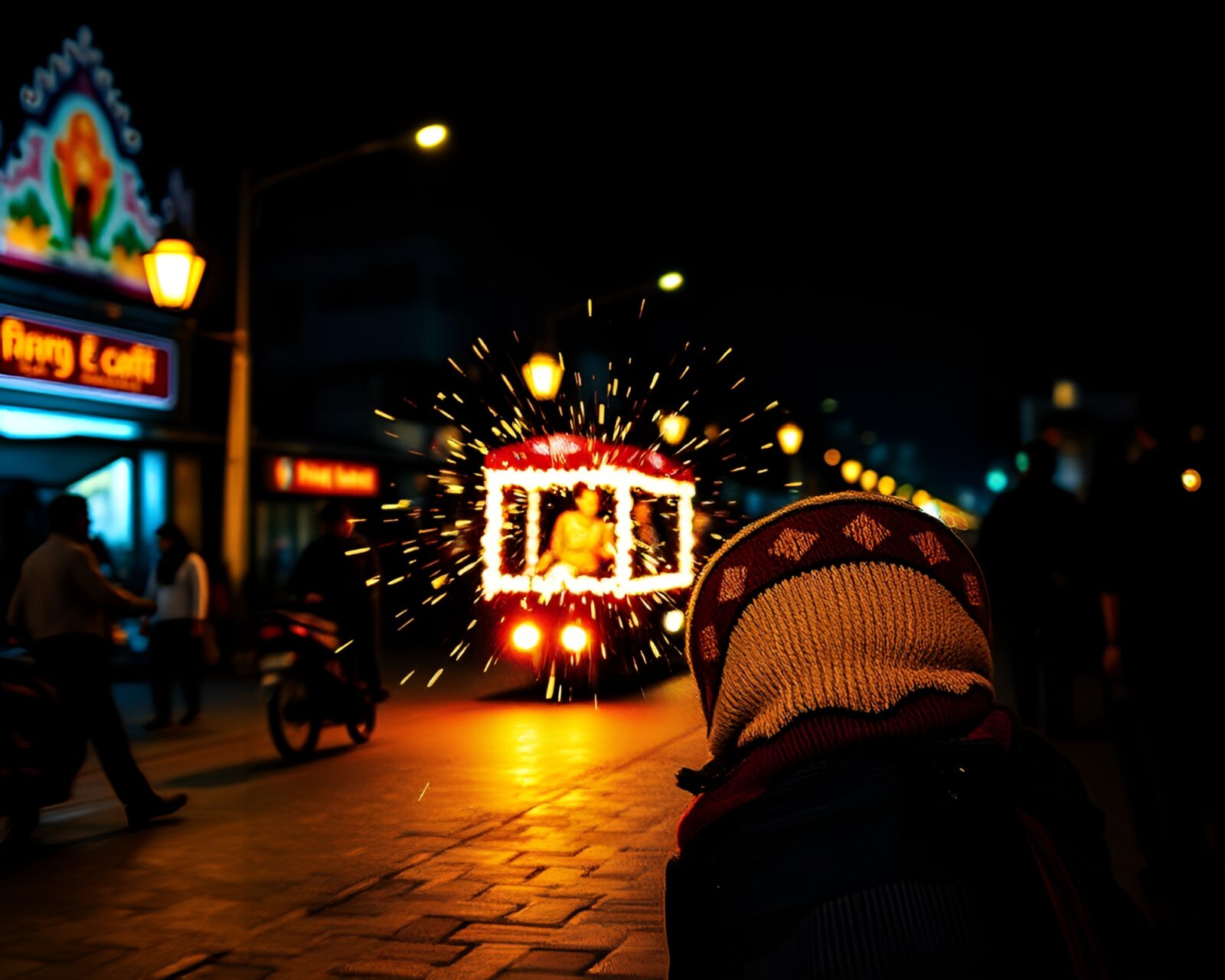 Vibrant embroidered rickshaw scene illuminated by torchlight in motion