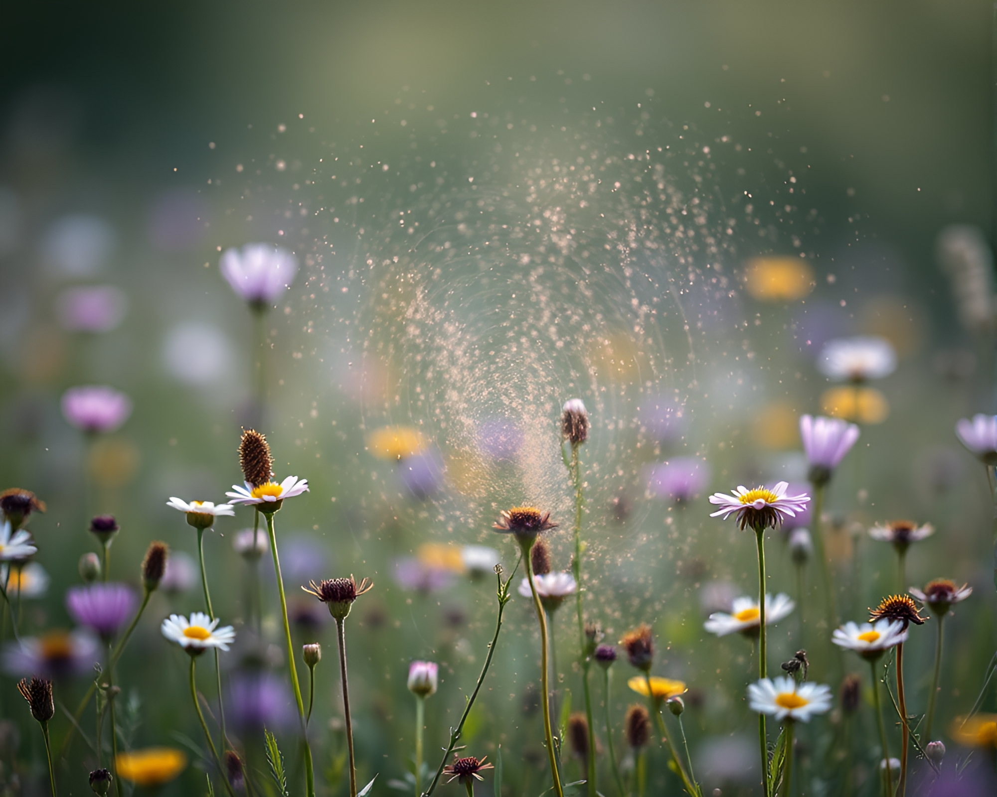 Enigmatic Wireframe Meadow with Dust Overlay – free AI stock image