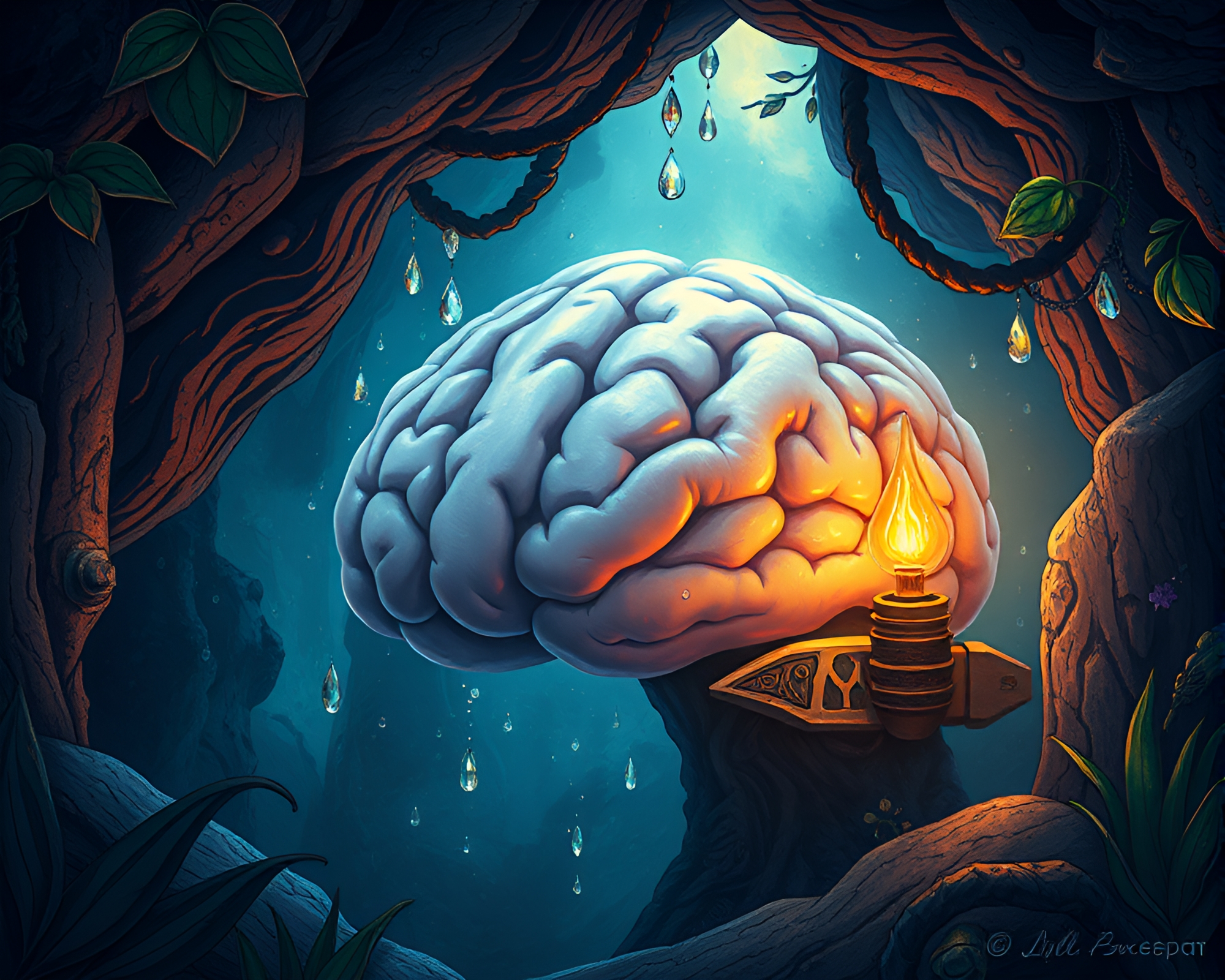 AI Brain in Dungeon Torchlight with Water Droplets – free AI stock image