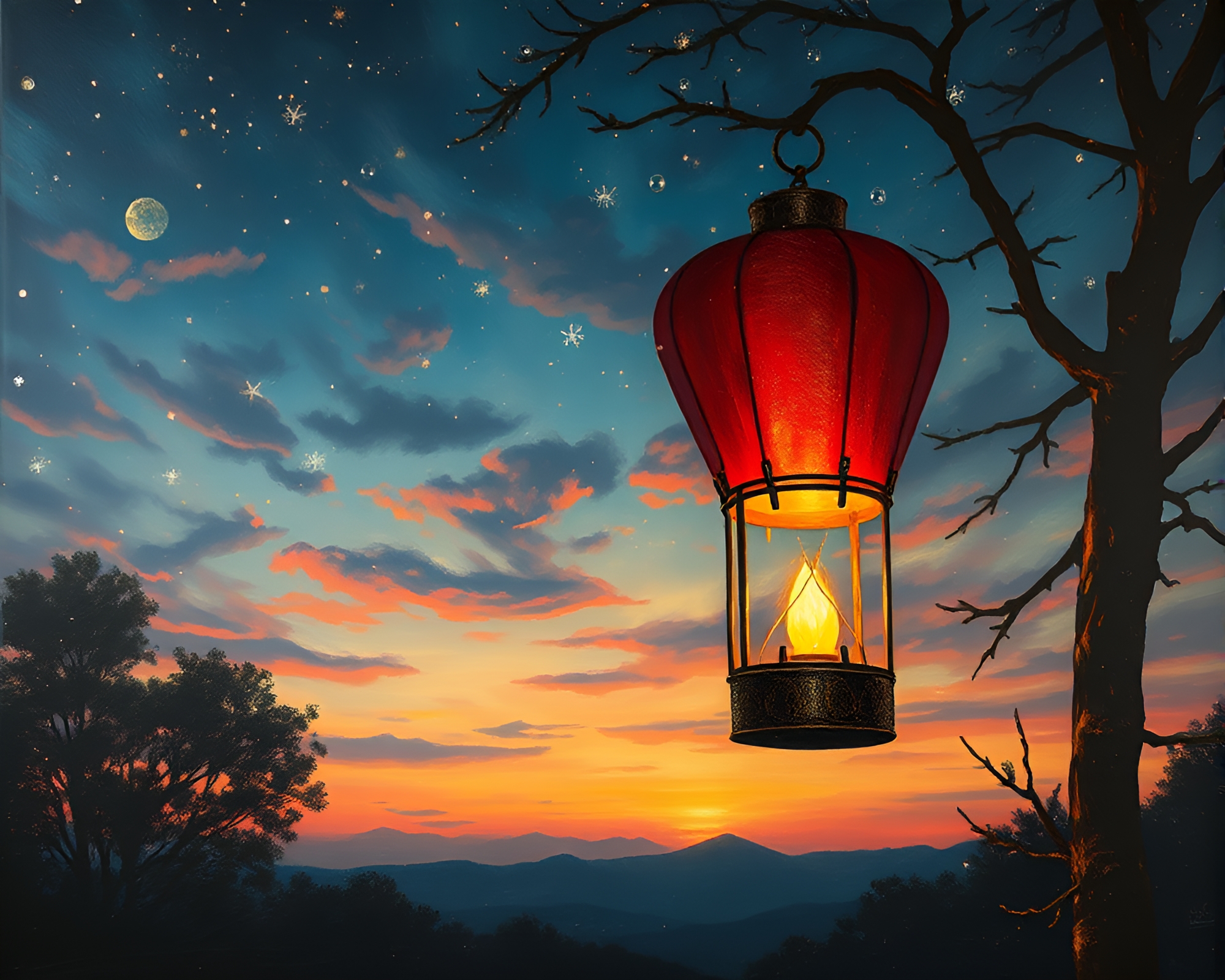 Dusk Oil Lantern Mural in Backscatter Flare Artwork – free AI stock image