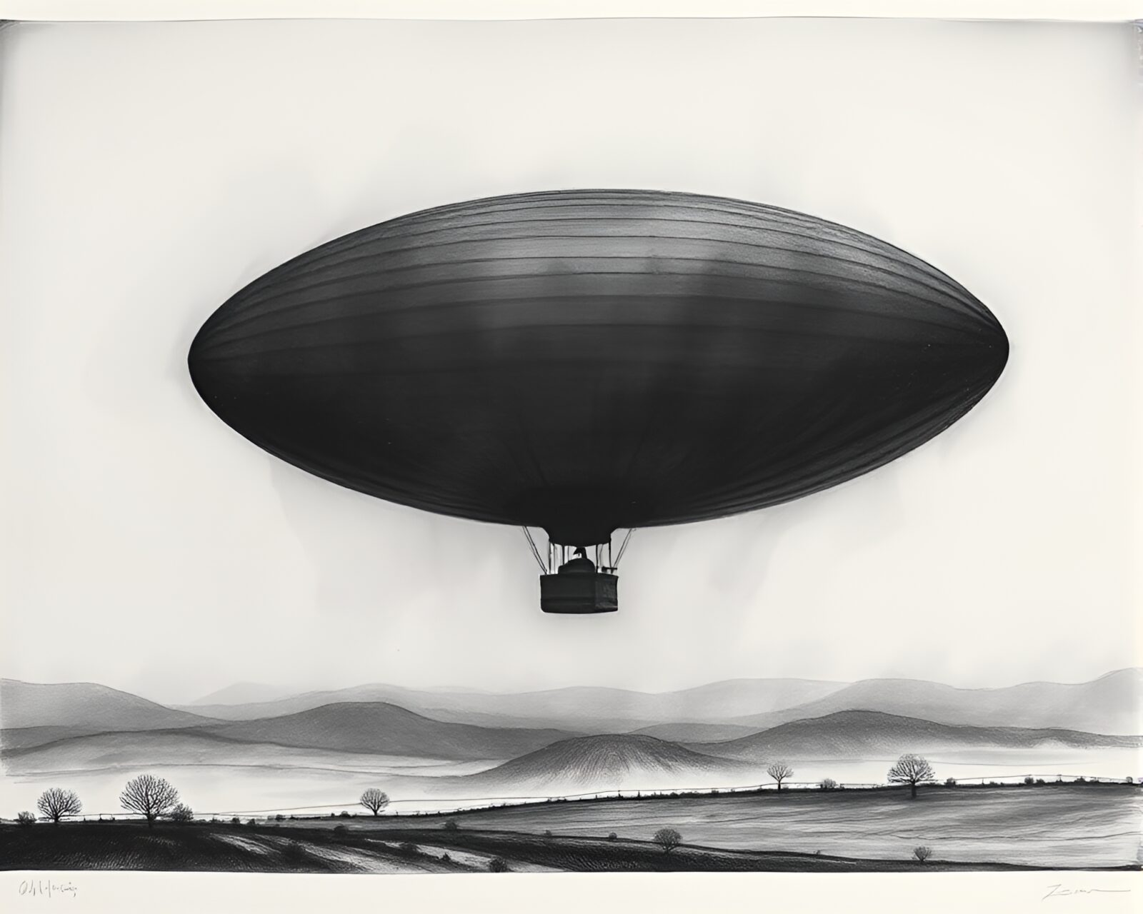 Dark lighted, simple landscape etching of a zeppelin flying
