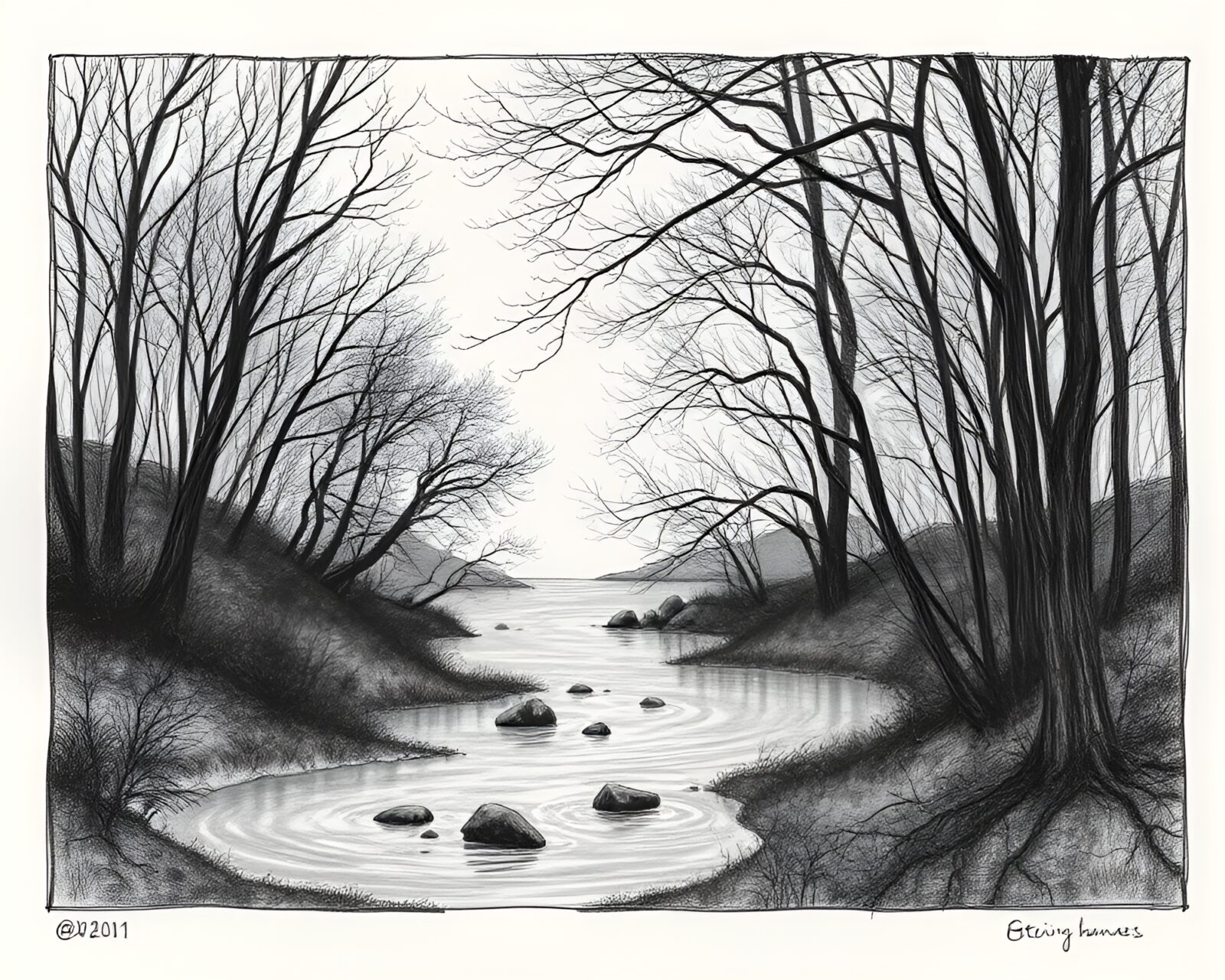 Monochrome etched lines depicting tranquil hot spring scene