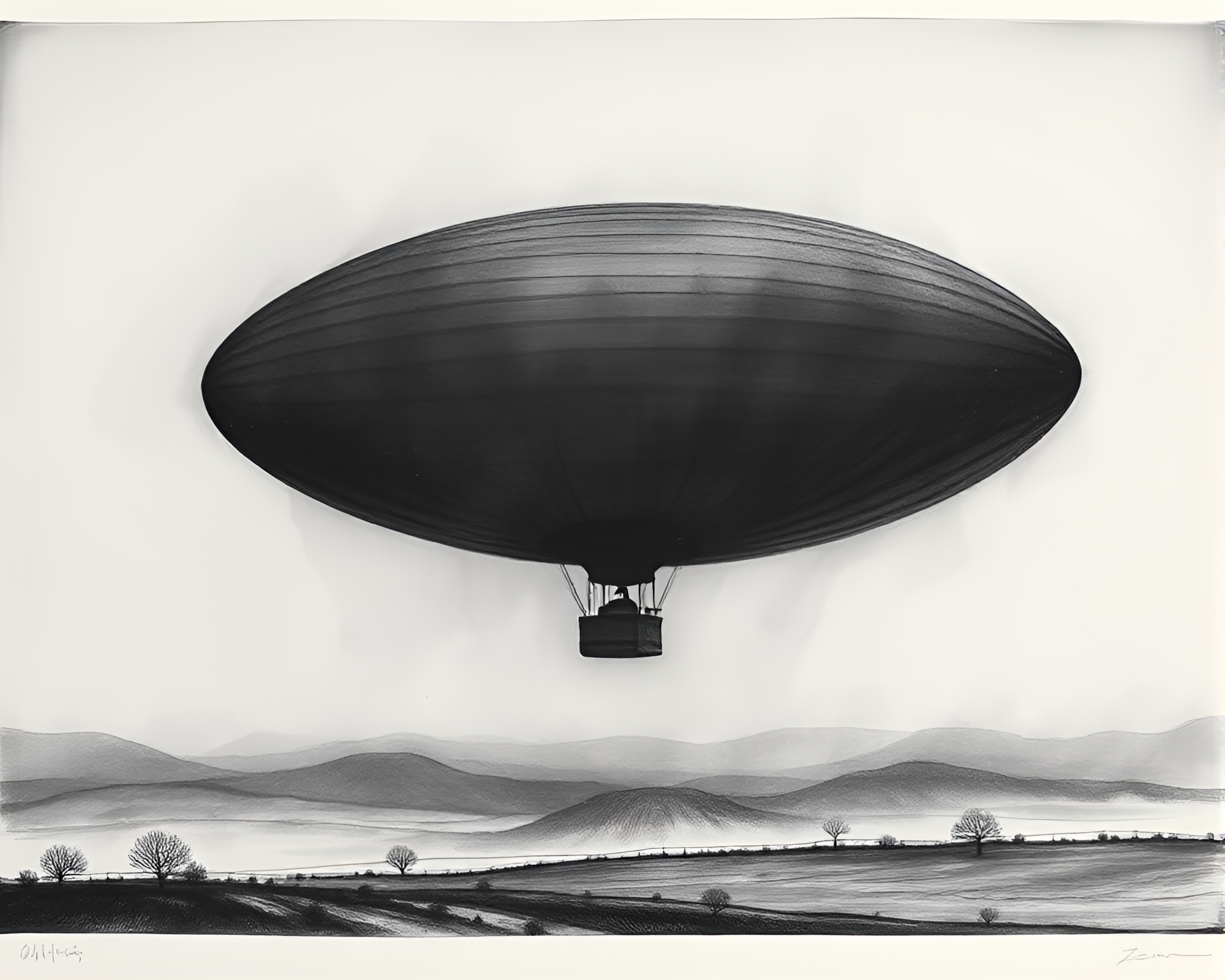 Dramatic Chiaroscuro Zeppelin in Minimalist Landscape Etching – free AI stock image