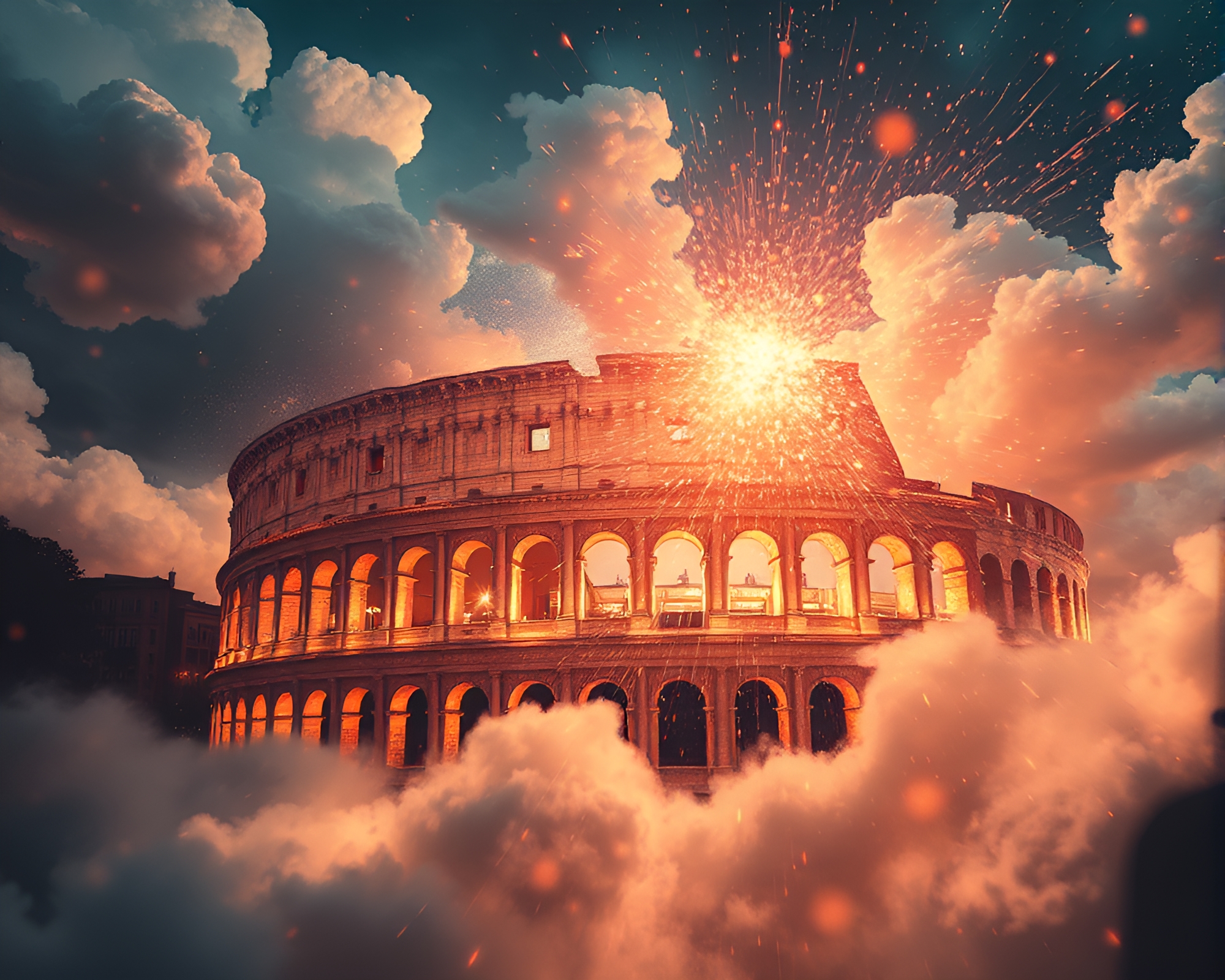 Roman Coliseum Exploding with Fairy Light Sparkle – free AI stock image