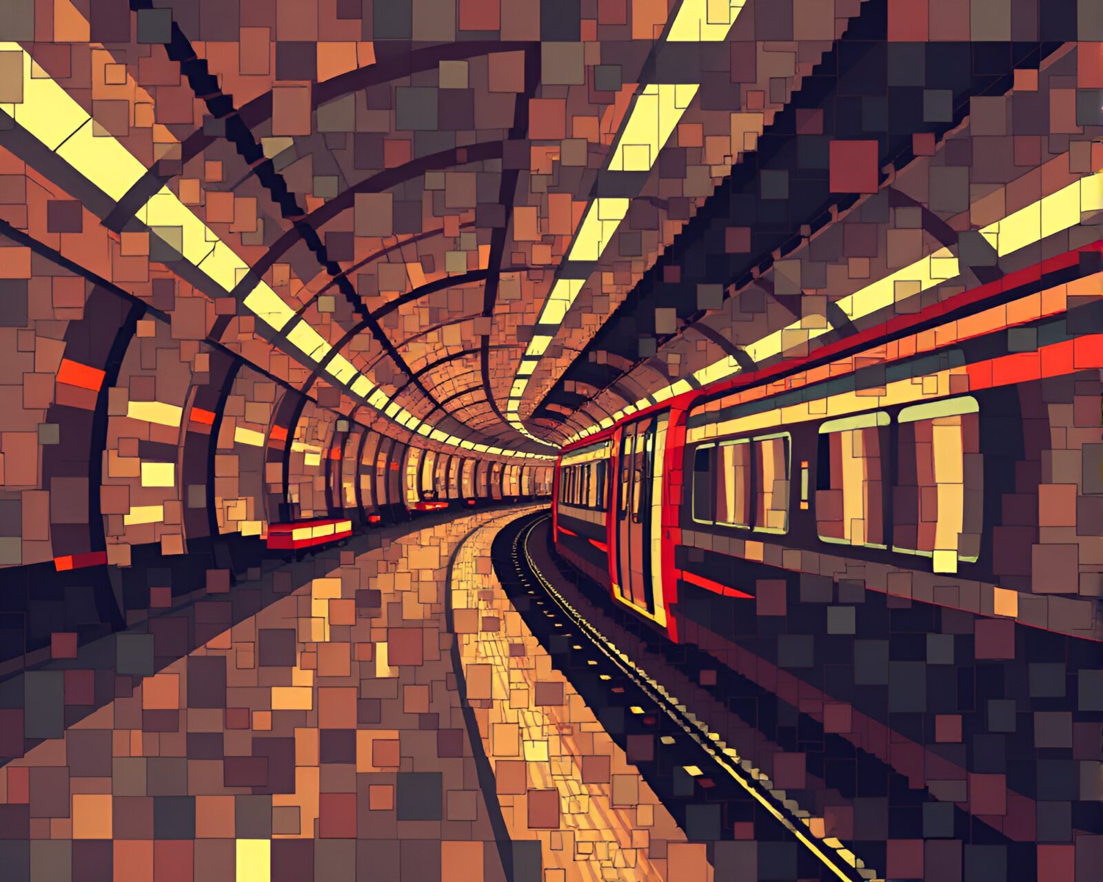 Abstract cel-shaded cityscape with fragmented monorail in copper tones