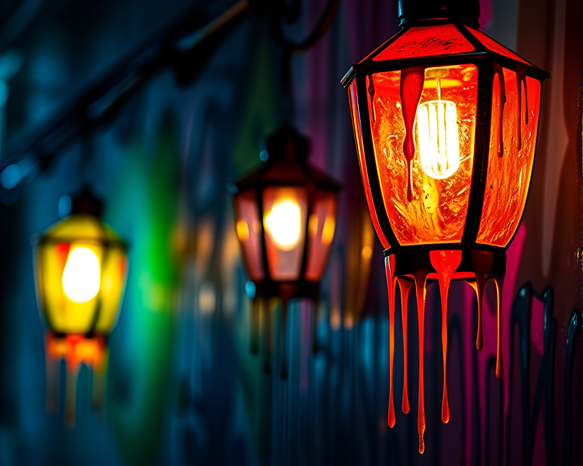 Neon Graffiti Drips on Stained Glass Paper Lantern – free AI stock image