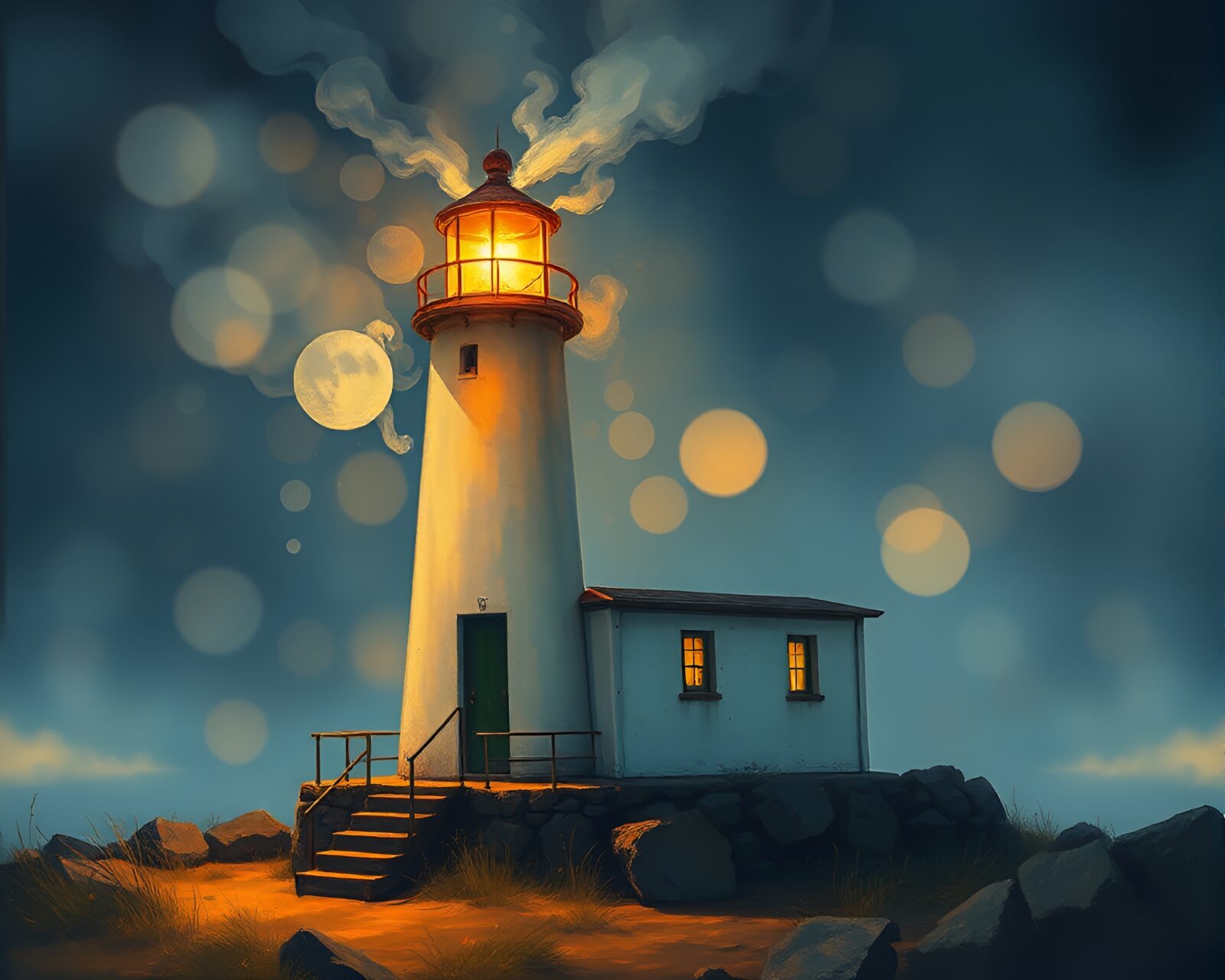 Mystical smoke rings around desolate lighthouse enveloped in bokeh lights.