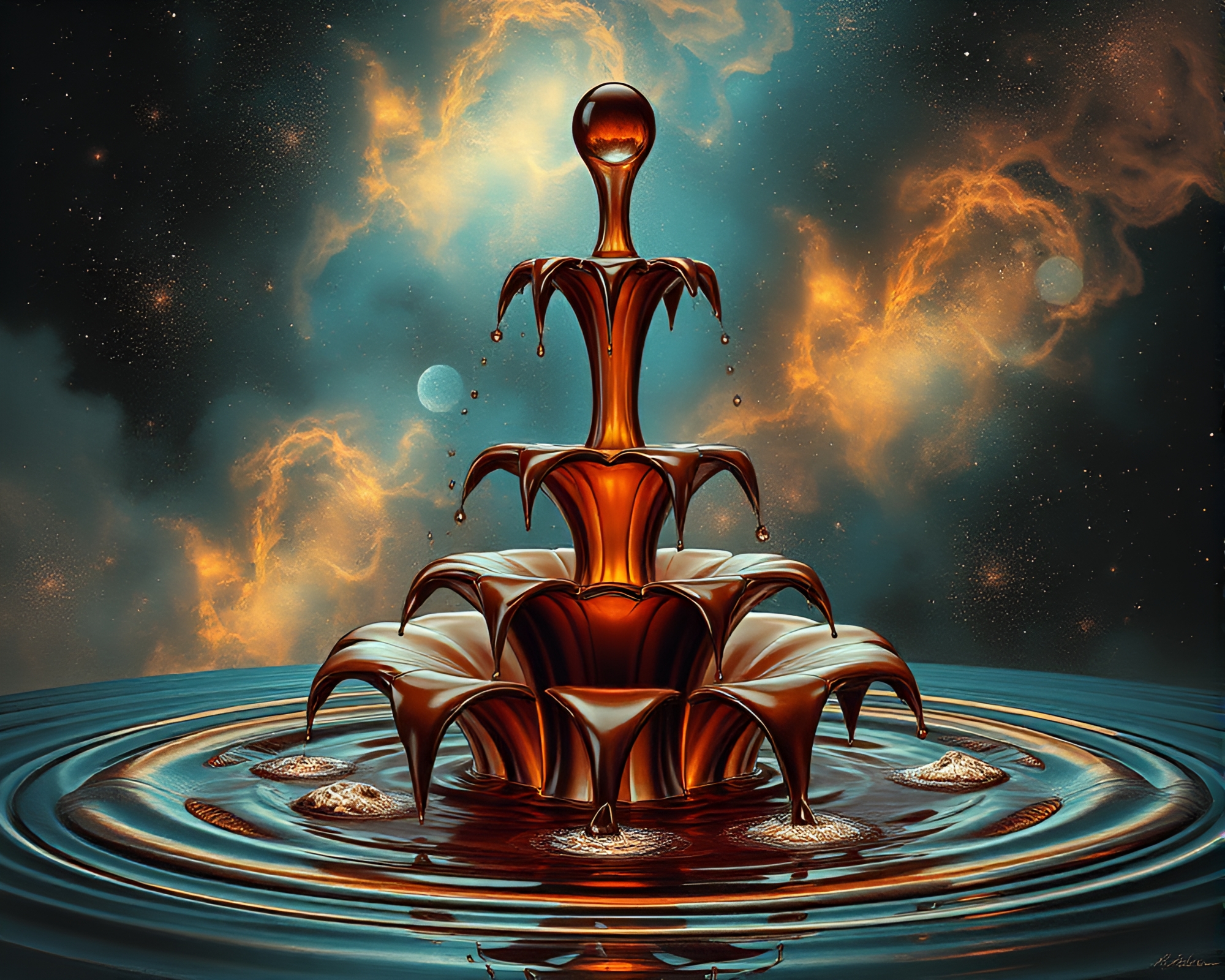 Cosmic Chocolate Fountain Engraved Composition – free AI stock image