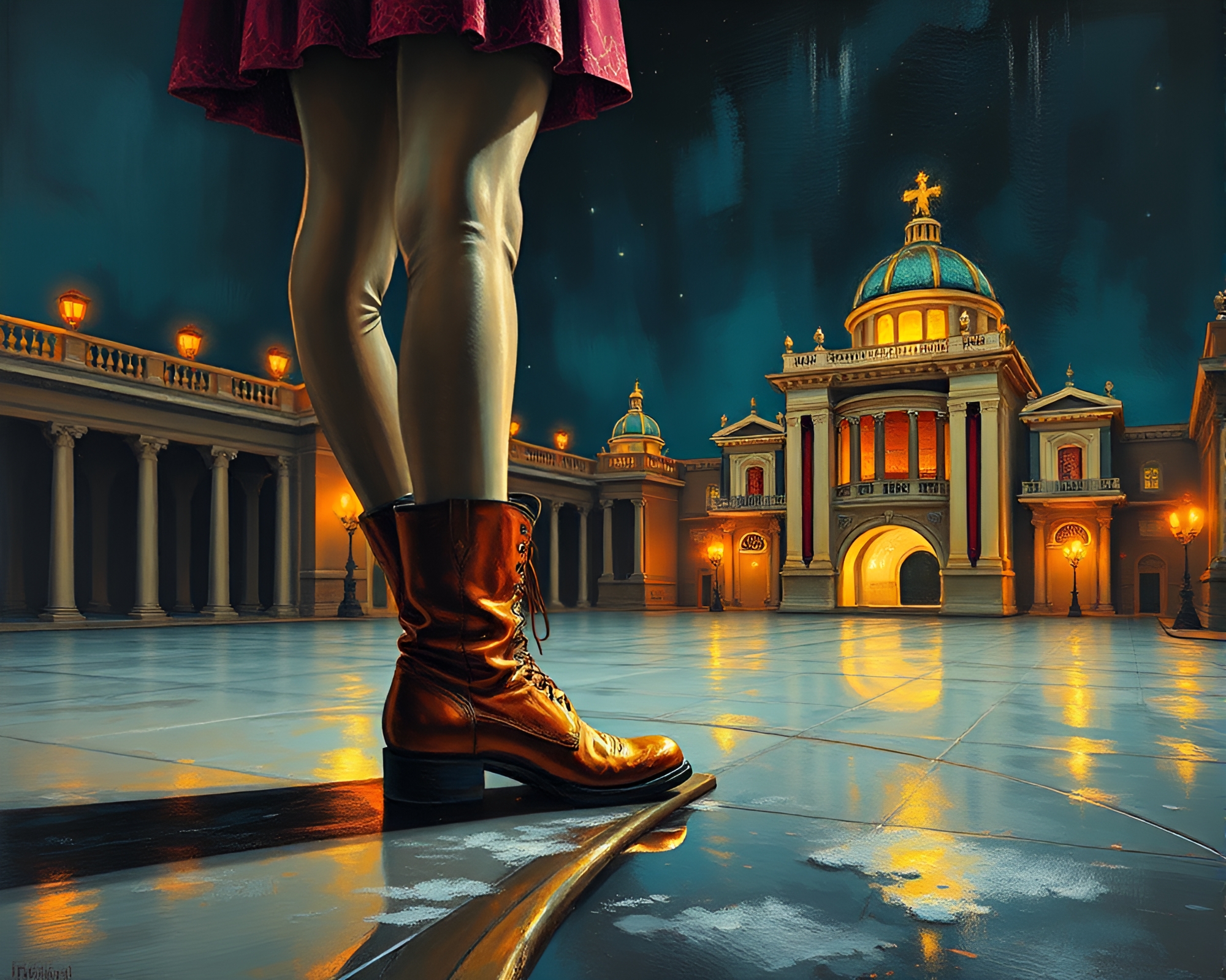 Gravity Boots in Glowing Opera House Fresco Painting – free AI stock image