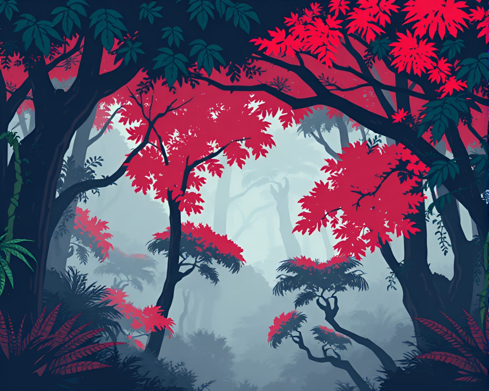 Retro pixel art of brick red rainforest canopy