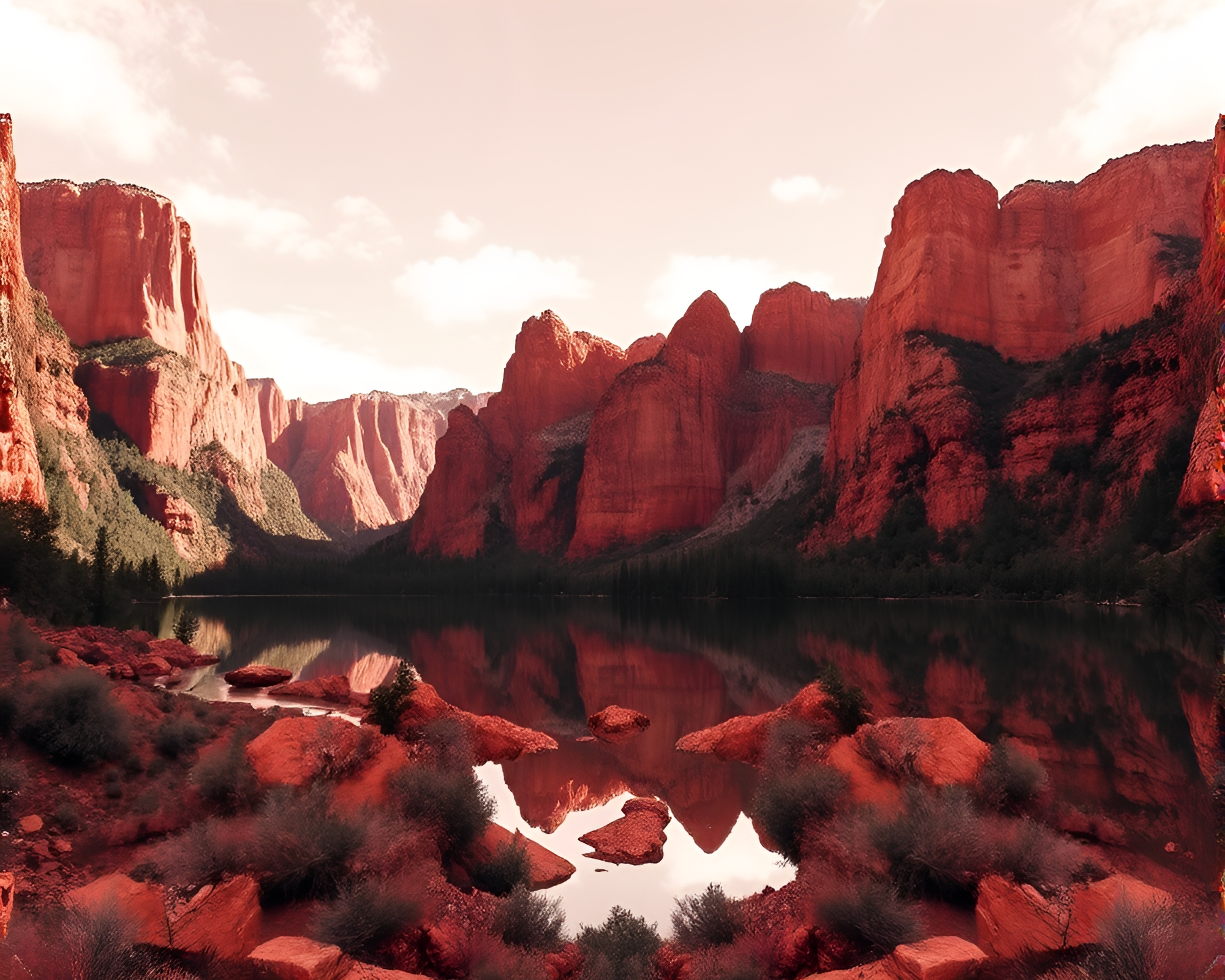Halftone Canyon Reflection: Analogous Symmetry – free AI stock image