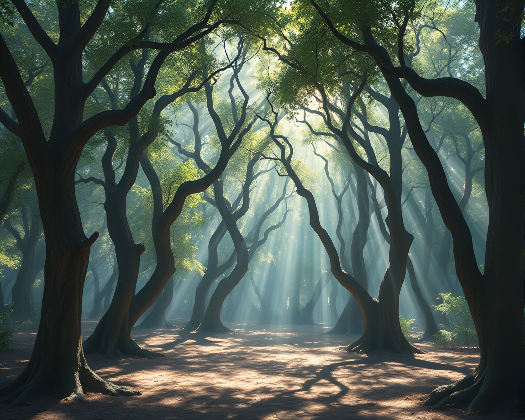 Ancient Grove Illuminated by Holographic Shadows – free AI stock image