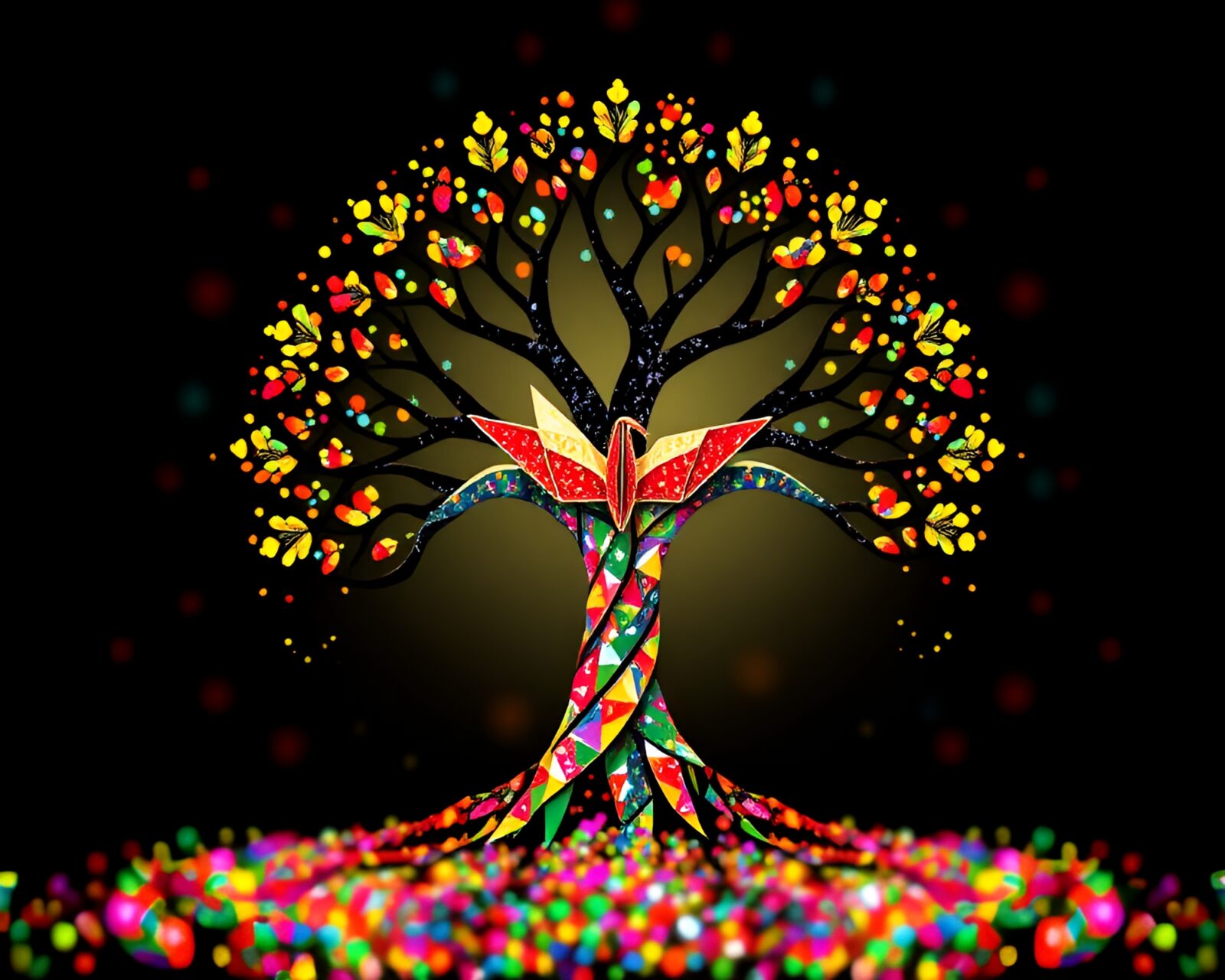 Colorful algorithmic art featuring tree ring pattern origami crane