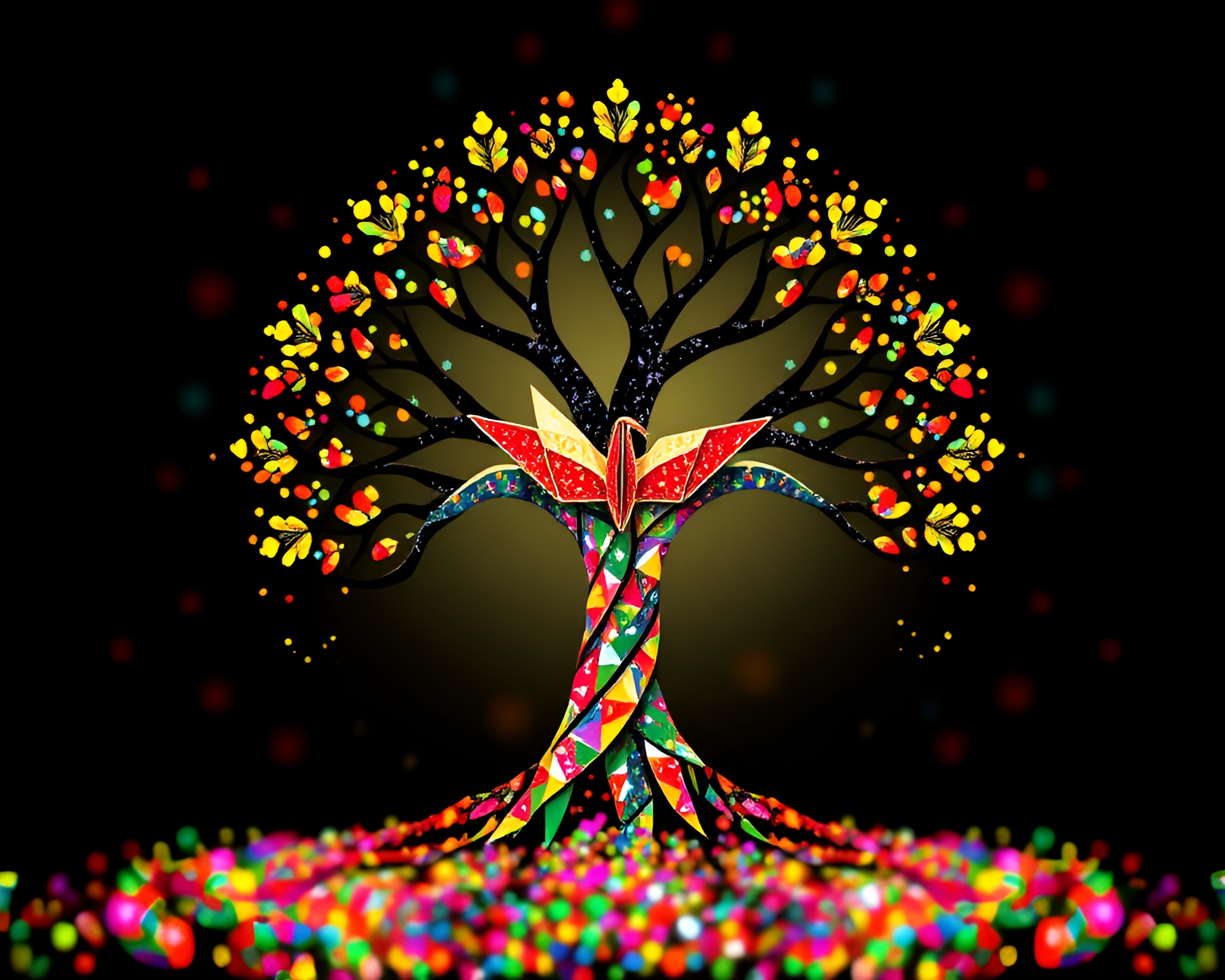 Tree Ring Origami Crane Confetti Burst Artwork – free AI stock image